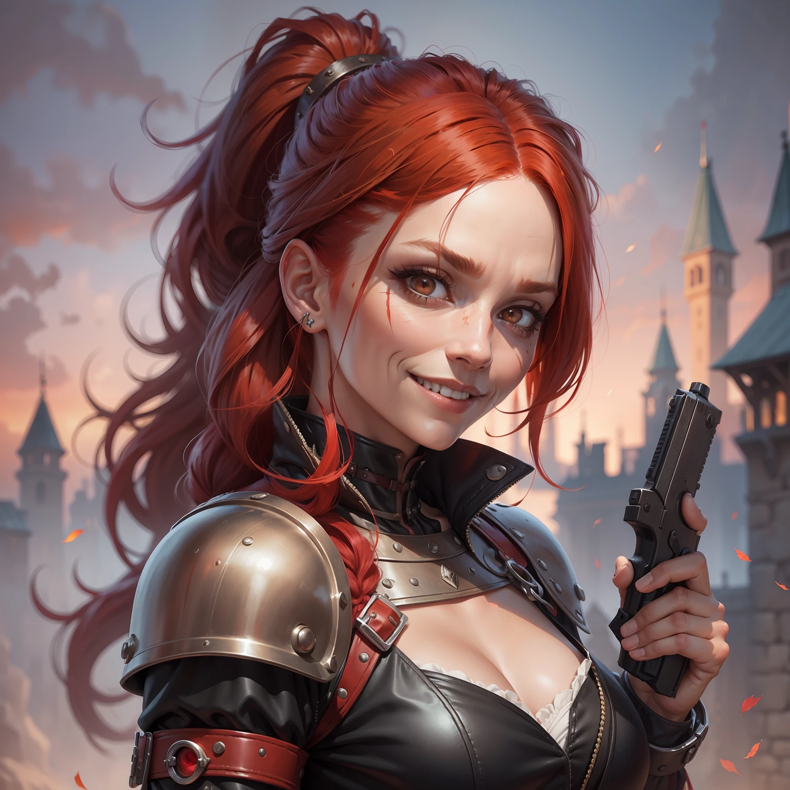 red haired pretty woman, holding medieval pistol, short ponytail, two heavy scars across eye, white eyes, smug and cocky smile expression, black and red leather top, portrait, medieval times, scar across eye, dreadlocks, drop shadow, wide shot, high detail, anatomically correct, masterpiece, highres, high quality, high details, 8k, retina