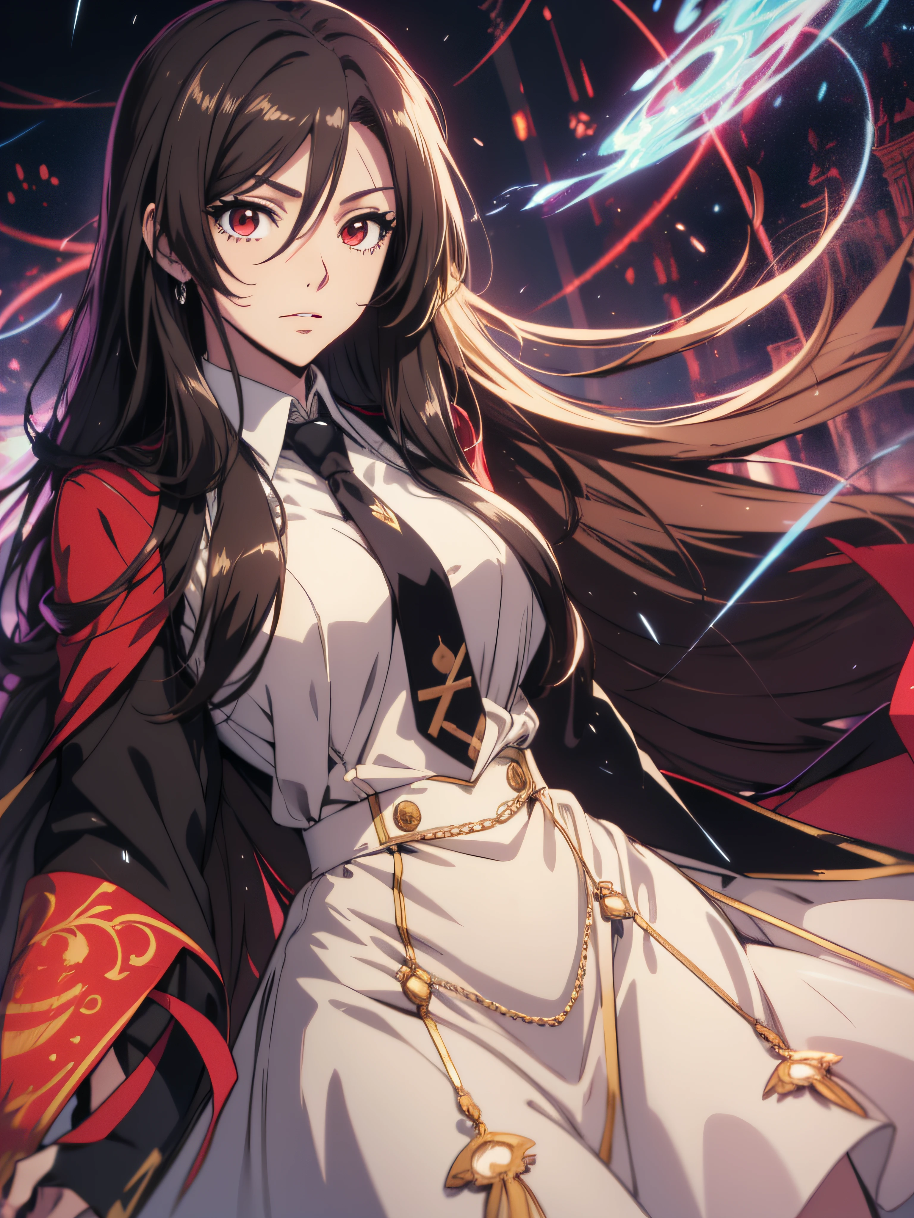 (ultra-detailed, perfect pixel, highrest, best quality), 20 years old Anime girl, smooth anime artstyle, long raven hair, slightly wavy hair, parted bangs, black hair, gradient hair color, Magus, ((red eyes)), detailed eyes, beautiful eyes, long black coat, white shirt, ((necktie, long tie)), black skirt, aristocrat, noble attire, beautiful, ethereal, elegant, prestigious, royal building, royal atmosphere, kingdom, particle effect, smooth smoke effect, lightning, magic light, standing, looking at viewer