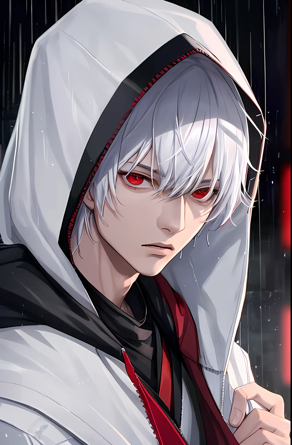 kk, best quality, more details, masterpiece, 1boy, kaneki ken, portrait, male focus, red eyes, solo, bangs, looking at viewer, hood, short hair, rain, tokyo tokyo \(city\), hood up, nail polish, white hair, luxurious, 8k, detailed, ray tracing, depth of field, cinematic lighting,