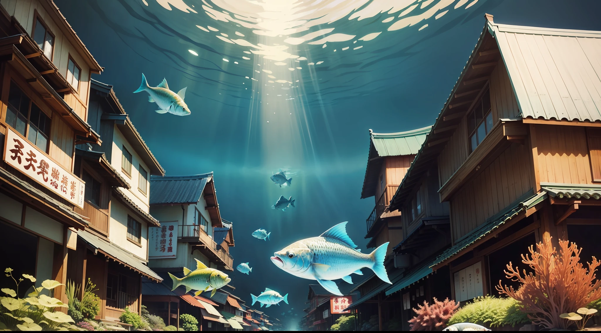 painting of a group of fish swimming in a body of water, city of lahaina hawaii, david wiesner, by Tina Blondell, by Kathleen Scott, tony roberts, by Chizuko Yoshida, ocean, by Thomas Dalziel, by Betty Merken, karen vikke, by Jeka Kemp, by Neysa McMein, by Ayako Rokkaku, underwater market