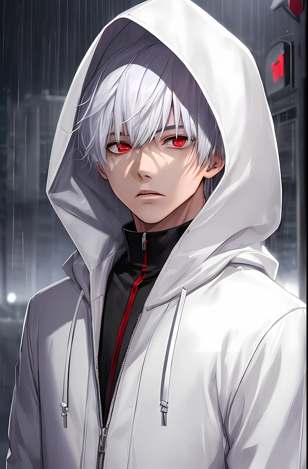 kk, best quality, more details, masterpiece, 1boy, kaneki ken, portrait, male focus, red eyes, solo, bangs, looking at viewer, hood, short hair, rain, tokyo tokyo \(city\), hood up, nail polish, white hair, luxurious, 8k, detailed, ray tracing, depth of field, cinematic lighting,
