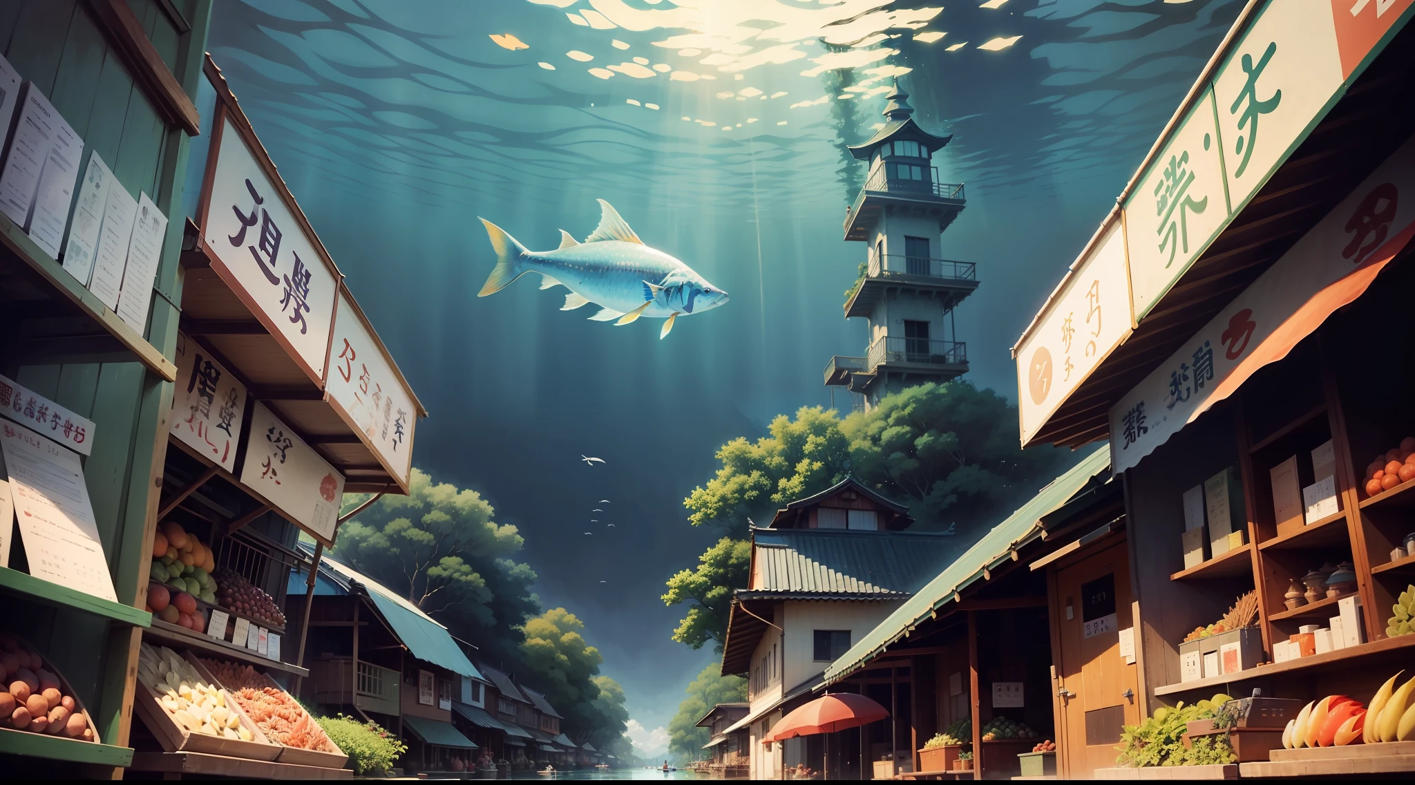 painting of a group of fish swimming in a body of water, city of lahaina hawaii, david wiesner, by Tina Blondell, by Kathleen Scott, tony roberts, by Chizuko Yoshida, ocean, by Thomas Dalziel, by Betty Merken, karen vikke, by Jeka Kemp, by Neysa McMein, by Ayako Rokkaku, underwater market