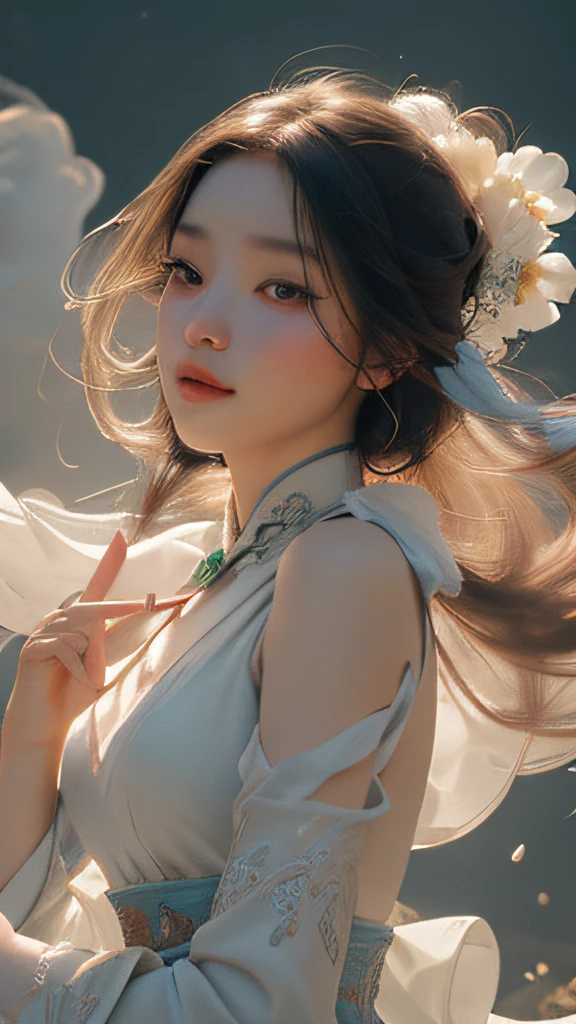 NSFW, Super High Quality, Masterpiece, Perfect Illustration, Extreme Details (Delicate Light and Shadow, Highly Dramatic Picture,)Zhong Hua, 1 Girl, Solo, Hanfu, Ancient_Chinese_architecture, Flower Field, Flowers, (White Smoke:1.3) (Realistic:1.4), Zen Entanglement, Mandala, Tangled, Official Art, Unity 8k wallpaper, super detailed, beautiful and beautiful, masterpiece, best quality, (Dynamic angle: 1.4), glowing skin, (Floating colorful flashes: 1) The most beautiful chaotic forms, elegant, brutalist design, bright colors, romantic depth of field exotic_dance, half_naked