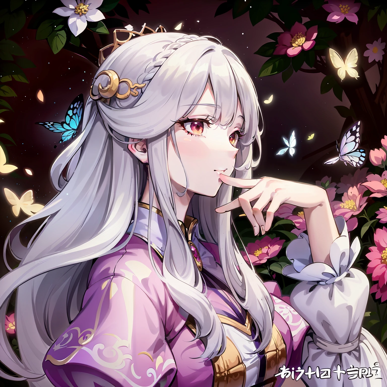 Anime girl with long white hair and butterfly wings in the garden, ((a beautiful fantasy empress)), white-haired god, Detailed key anime art, high detailed official artwork, highly detailed exquisite fanart, Official artwork, Detailed digital anime art, Detailed fanart, beautiful fantasy anime, Kushatt Krenz Key Art Women, a beautiful anime portrait, Beautiful anime artwork, offcial art