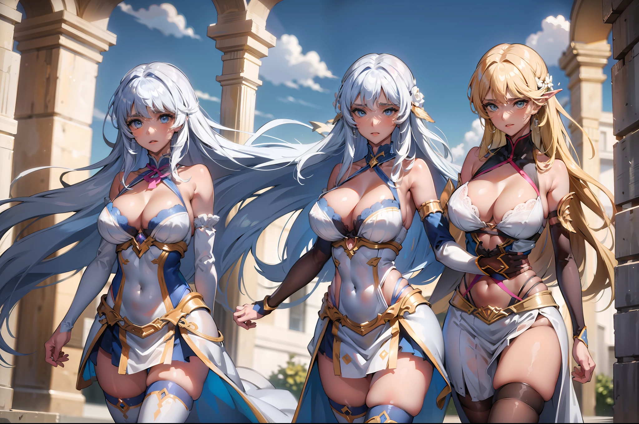 primer plano. Una foto de dos gladiadoras muy bellas y atractivas, usando varias piezas de armadura y levantando los brazos con el arma hacia arriba