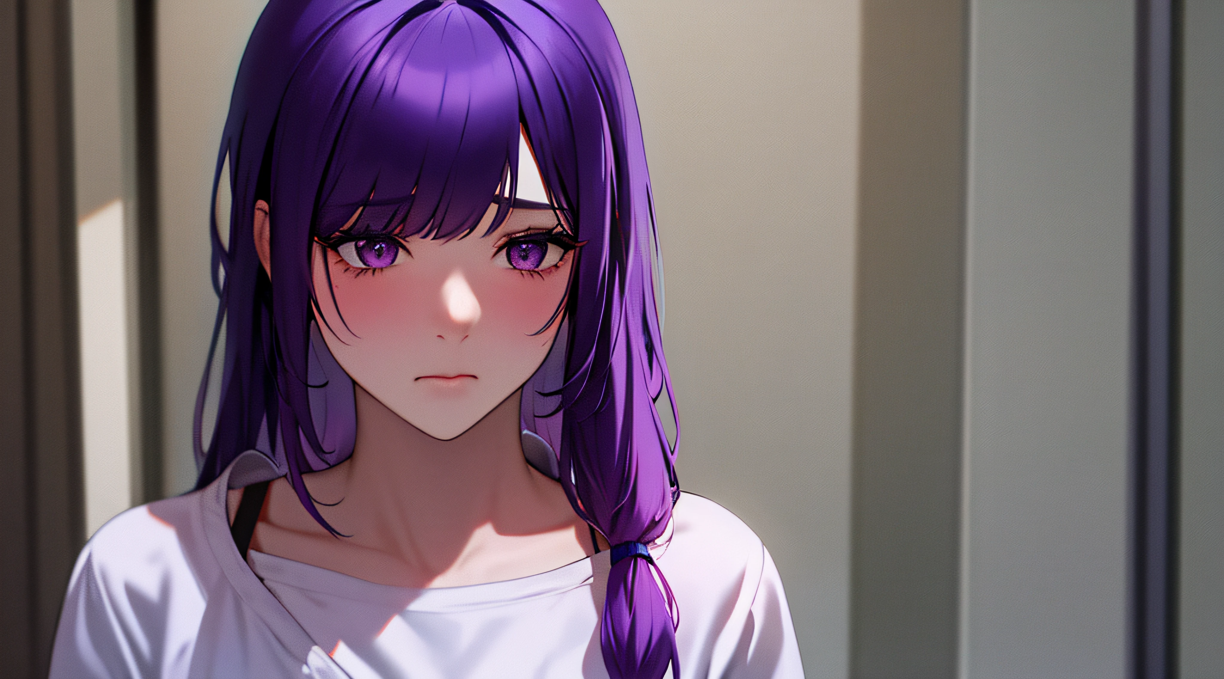 sad girl with purple hair in home