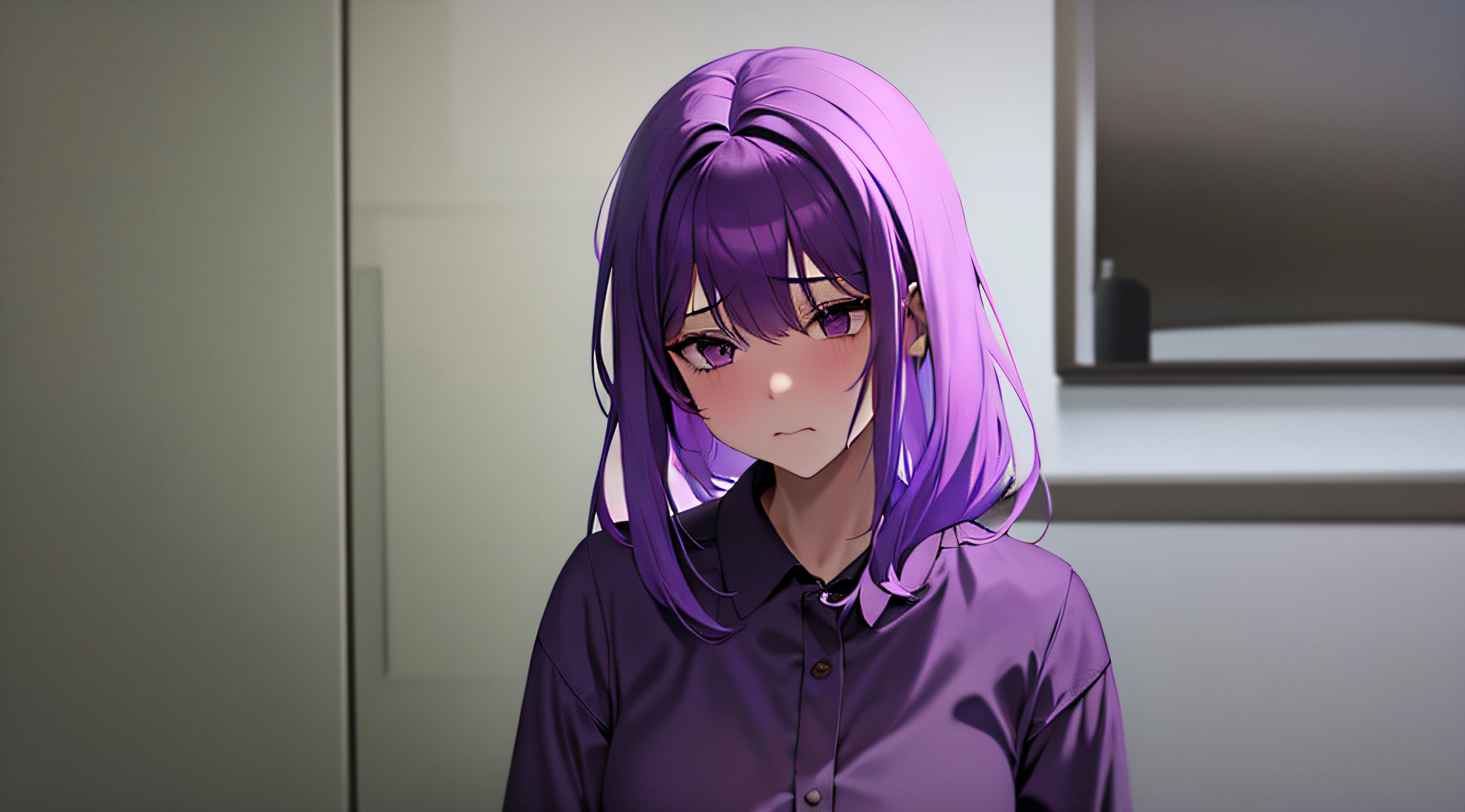 sad girl with purple hair in home