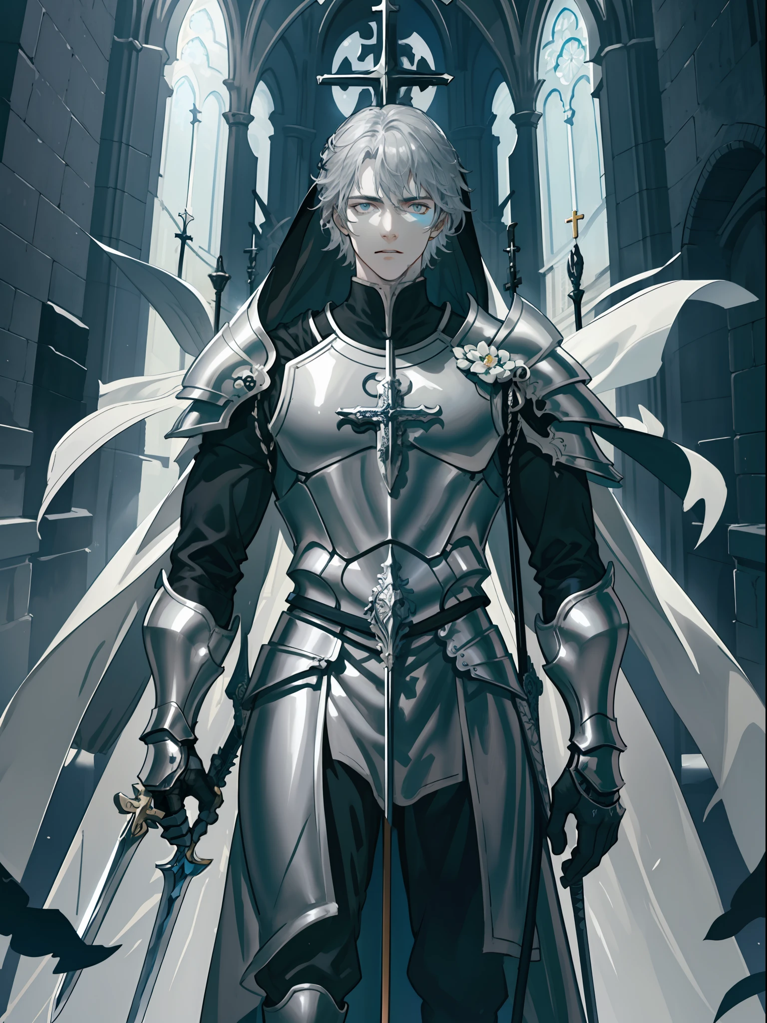 masterpiece, best quality, 1 male, adult, handsome, tall muscular guy, broad shoulders, finely detailed eyes and detailed face, extremely detailed CG unity 8k wallpaper, intricate details, short silver hair, knight, armor, large sword, holy, cathedral, religious, sublime, battleground, depth of field