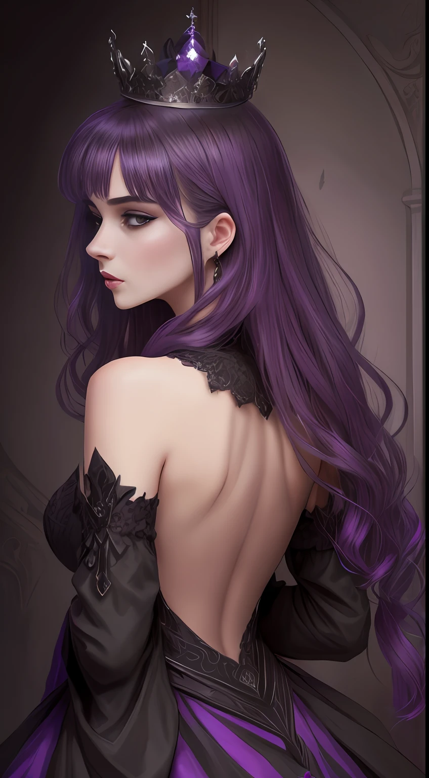 A dark queen with gentle face and a crown with a purple diamond ,wide shot , gothic back ground,  in semi side view, ((no words)),