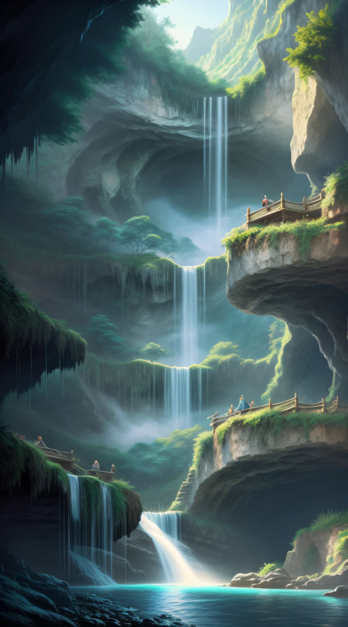 dream concept art of a dreamy waterfall waterfall cave with a river running through it, highly detailed, digital art, illustration, artstation, very detailed, 4 k