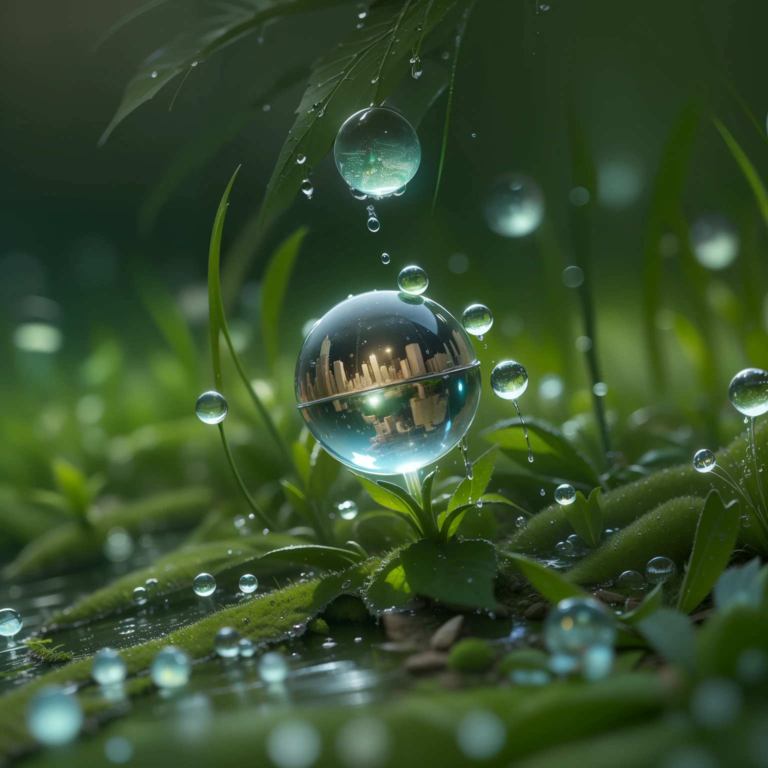 morning, Macro photo, Dew drops on the grass, ((The globe in a drop of dew)), (( The night city is reflected in a drop)), Beautiful landscape, 真实感, hiquality, higly detailed