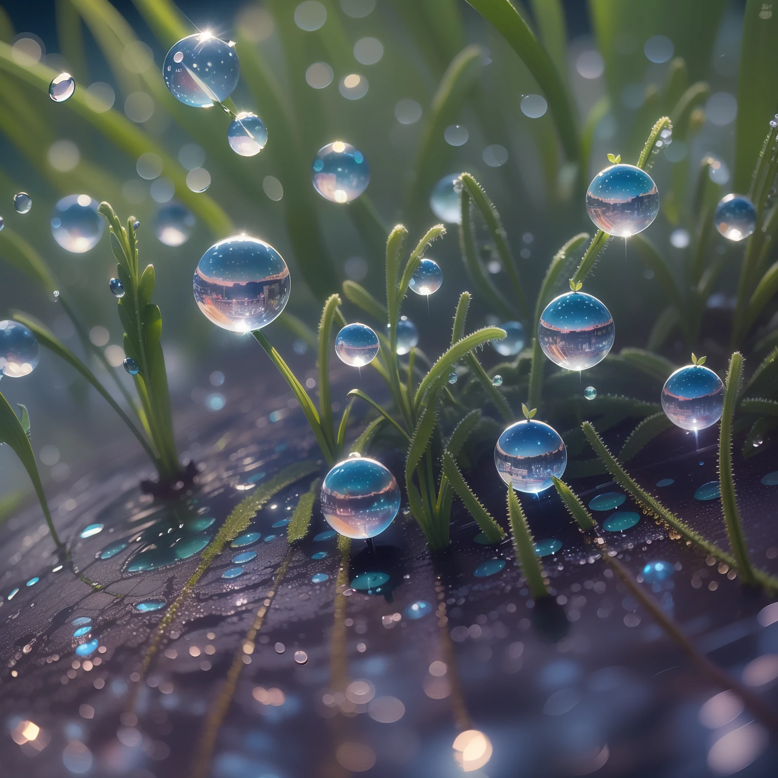 morning, Macro photo, Dew drops on the grass, ((The globe in a drop of dew)), (( The night city is reflected in a drop)), Beautiful landscape, 真实感, hiquality, higly detailed