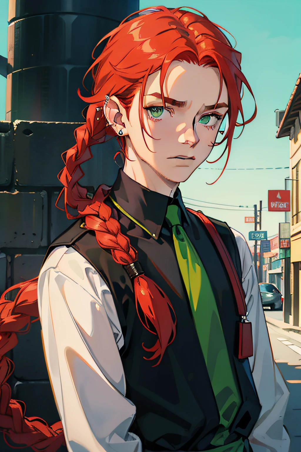 guy, redhead hair, Braided into a tail, eyebrow piercing, earrings in the ears, Piercing in the lower lip, green colored eyes, r old,an, black undershirt, higly detailed