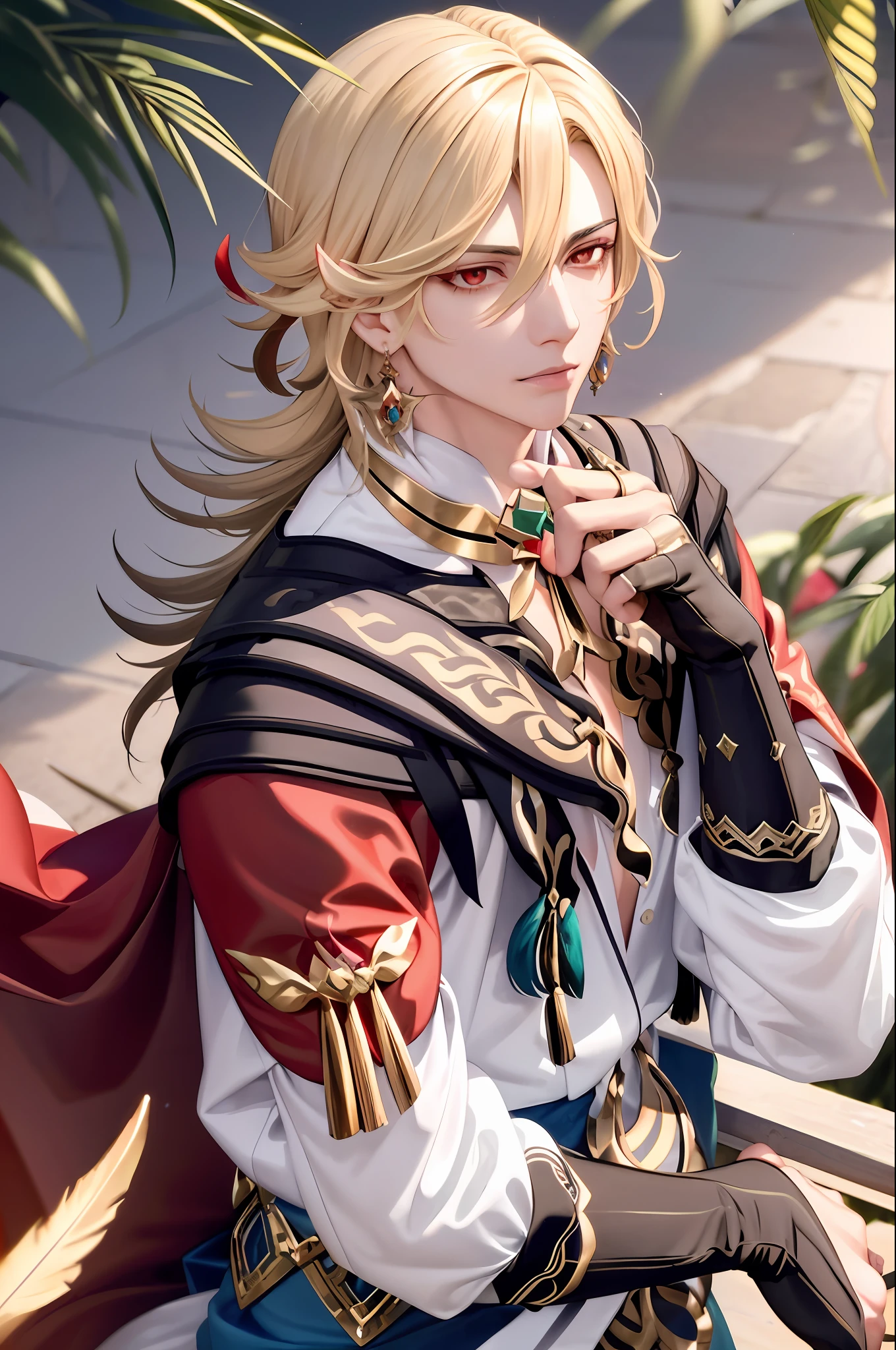 masterpiece, best quality,kaveh (genshin impact), 1boy, male focus, solo, jewelry, blonde hair, hair ornament, earrings, long hair, looking at viewer, feather hair ornament, feathers, red eyes, bangs, upper body,(kbxll:0.6)