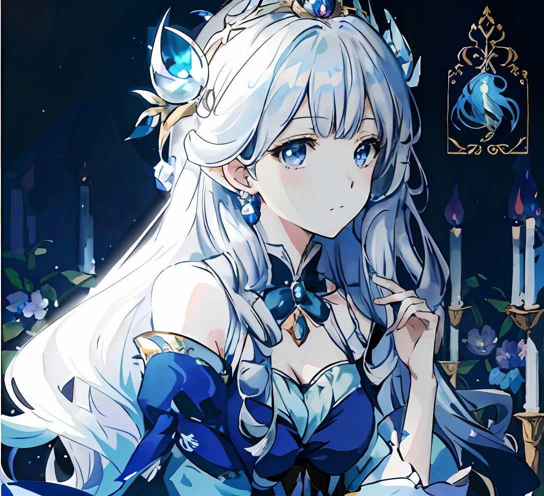 Anime girl with long white hair in a blue dress and ties, white-haired god, ((a beautiful fantasy empress)), Portrait Chevaliers du Zodiaque Fille, beautiful and elegant elf queen, Detailed digital anime art, shadowverse style, Anime fantasy illustration, Official artwork, a beautiful fantasy empress, high detailed official artwork, Anime goddess, granblue fantasy, beautiful fantasy anime