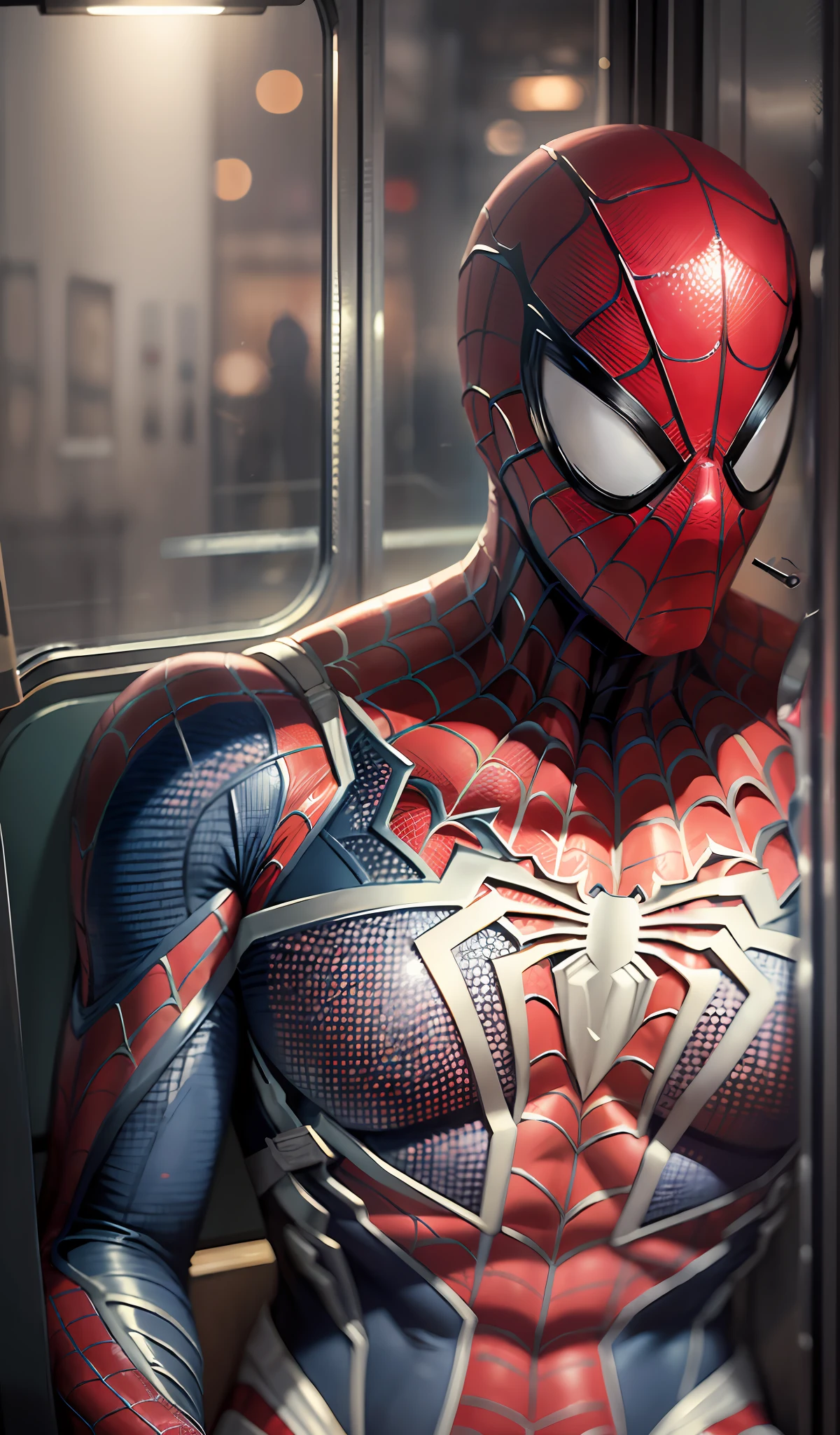 "((best quality)), ((masterpiece)), ((realistic)), Realistic, ultra-detailed portrait of Spider-Man sitting alone on a train during the night, in a cinematic environment, with atmospheric, low-key lighting, created in a high-definition, detailed digital painting on eye level, scenic, masterpiece