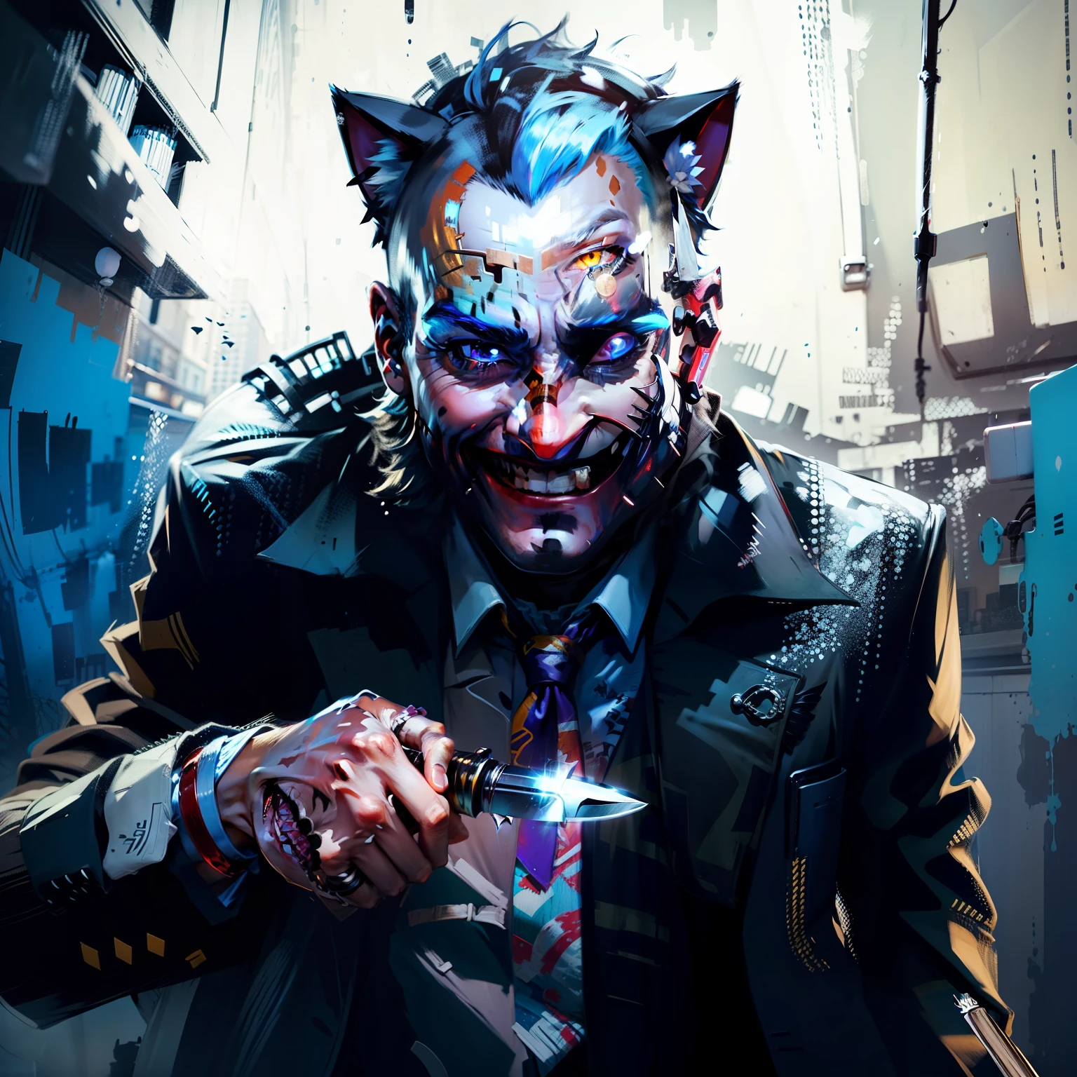 jocker,ssmile,Take a knife,blue hairs,Cat ears,Death smile