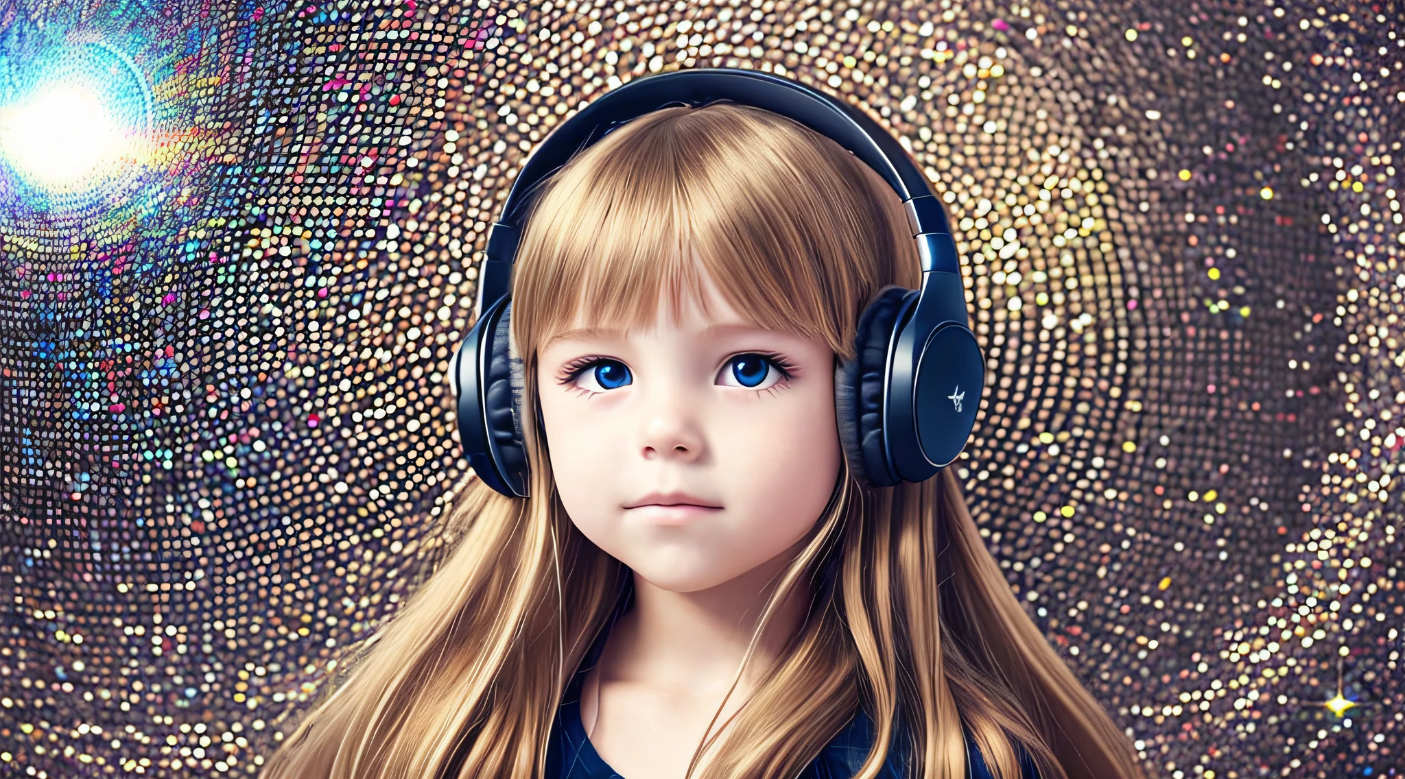 mENINA CHILD BLONDE LONG HAIR USING a headphone , segurando uma disco ball