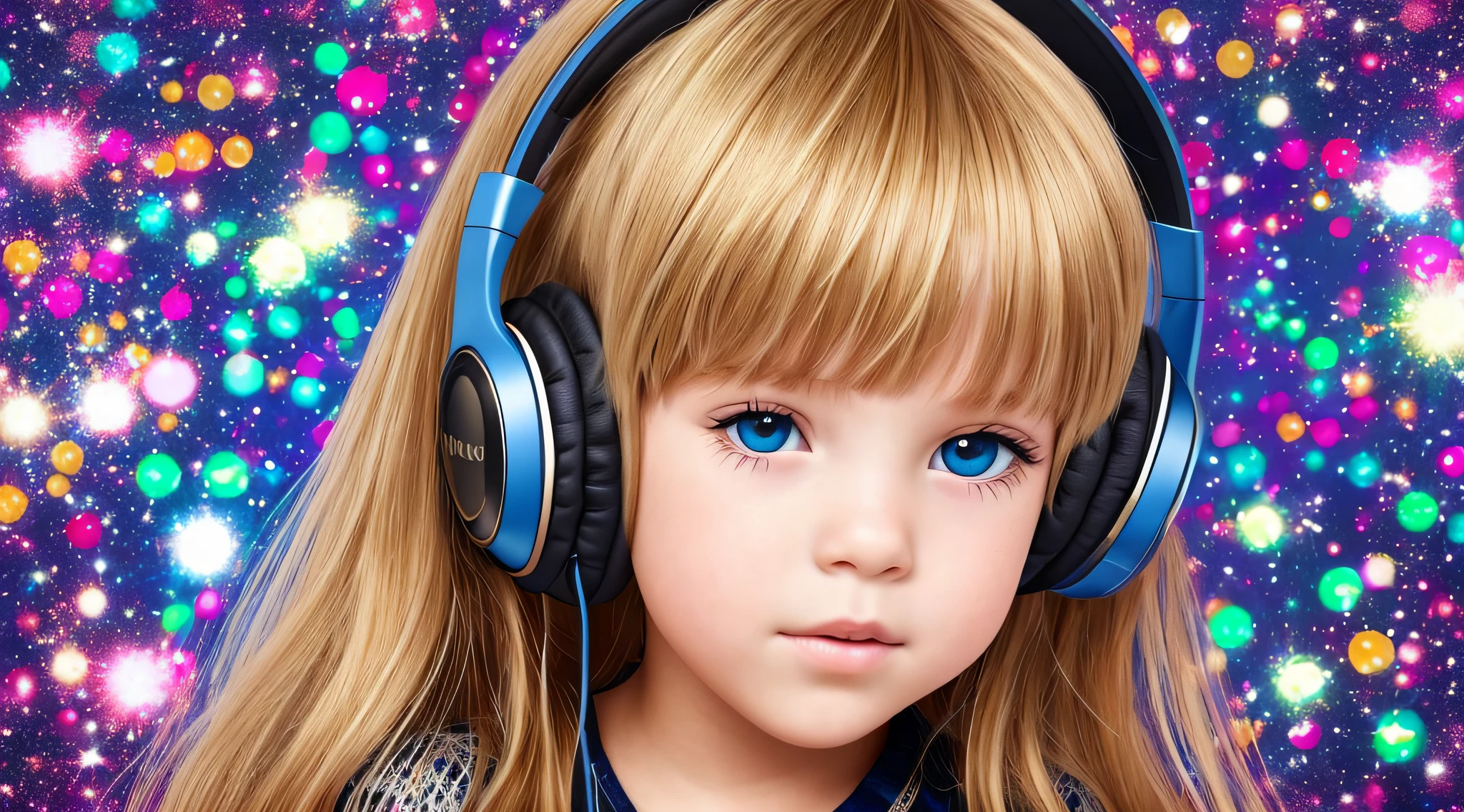 mENINA CHILD BLONDE LONG HAIR USING a headphone , segurando uma disco ball