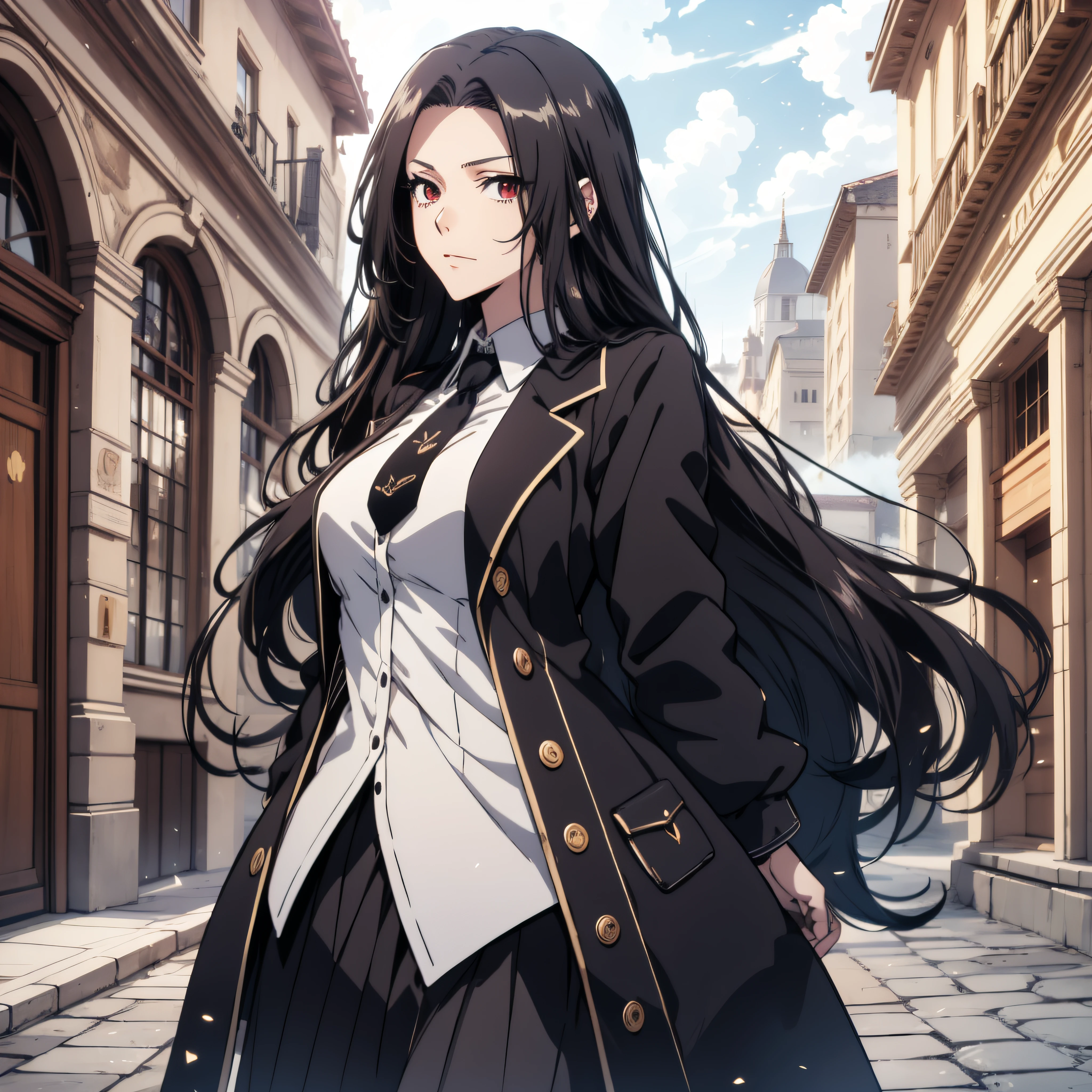 (ultra-detailed, perfect pixel, highrest, best quality), 20 years old Anime girl, smooth anime artstyle, long raven hair, slightly wavy hair, parted bangs, black hair, gradient hair color, Magus, ((red eyes)), detailed eyes, beautiful eyes, long black coat, white shirt, necktie, black skirt, aristocrat, noble attire, beautiful, ethereal, elegant, prestigious, royal building, royal atmosphere, classic, particle effect, looking at viewer