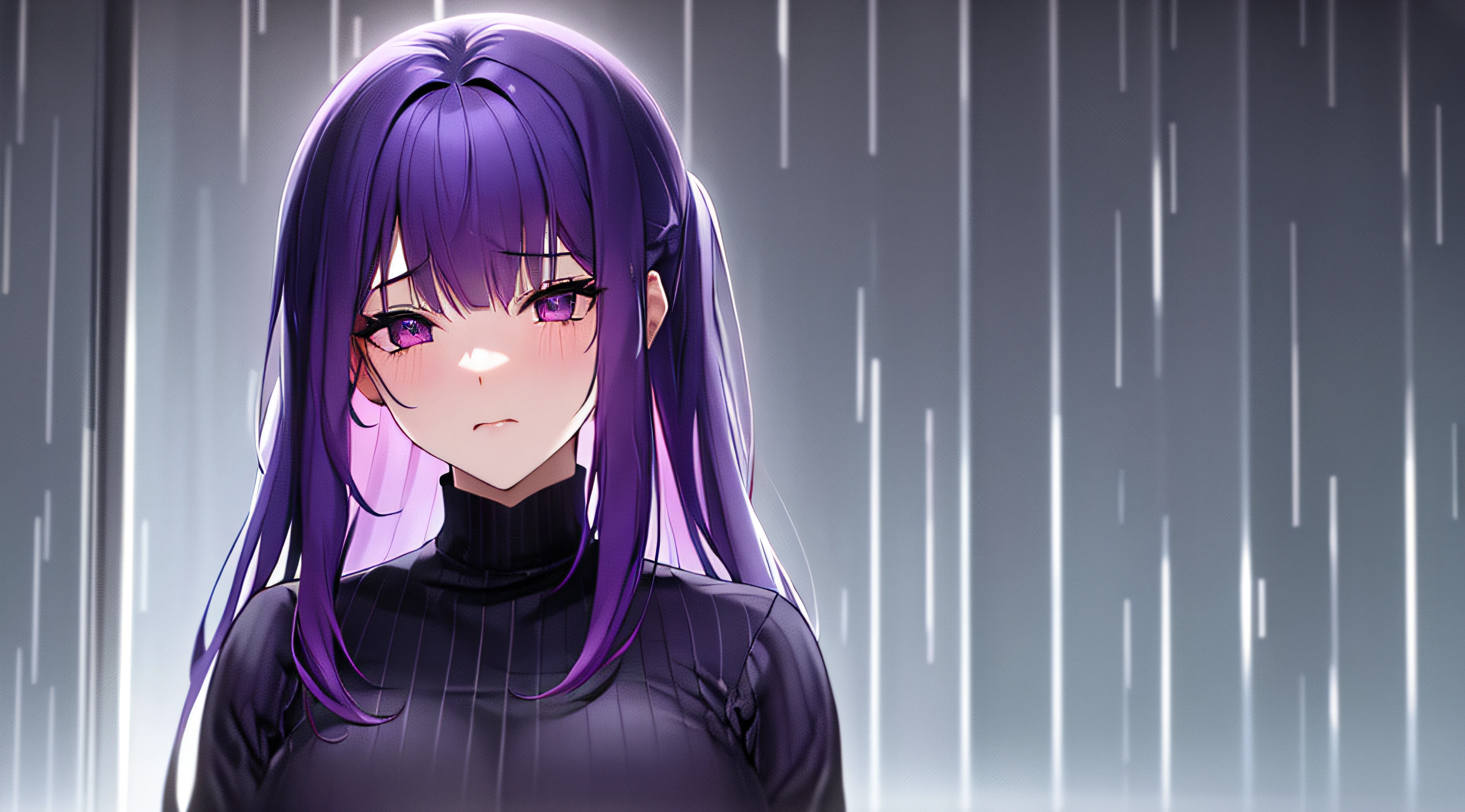 sad girl with purple hair in raining day