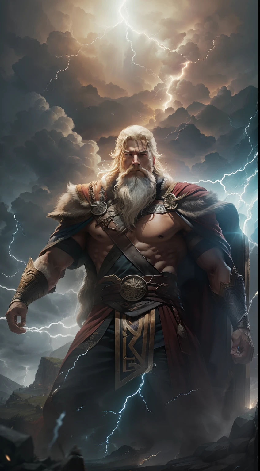 Cinematic light, detail-rich, Best picture quality, Odin,looking toward the viewer,Lightning and thunder in the background,Combat posture
