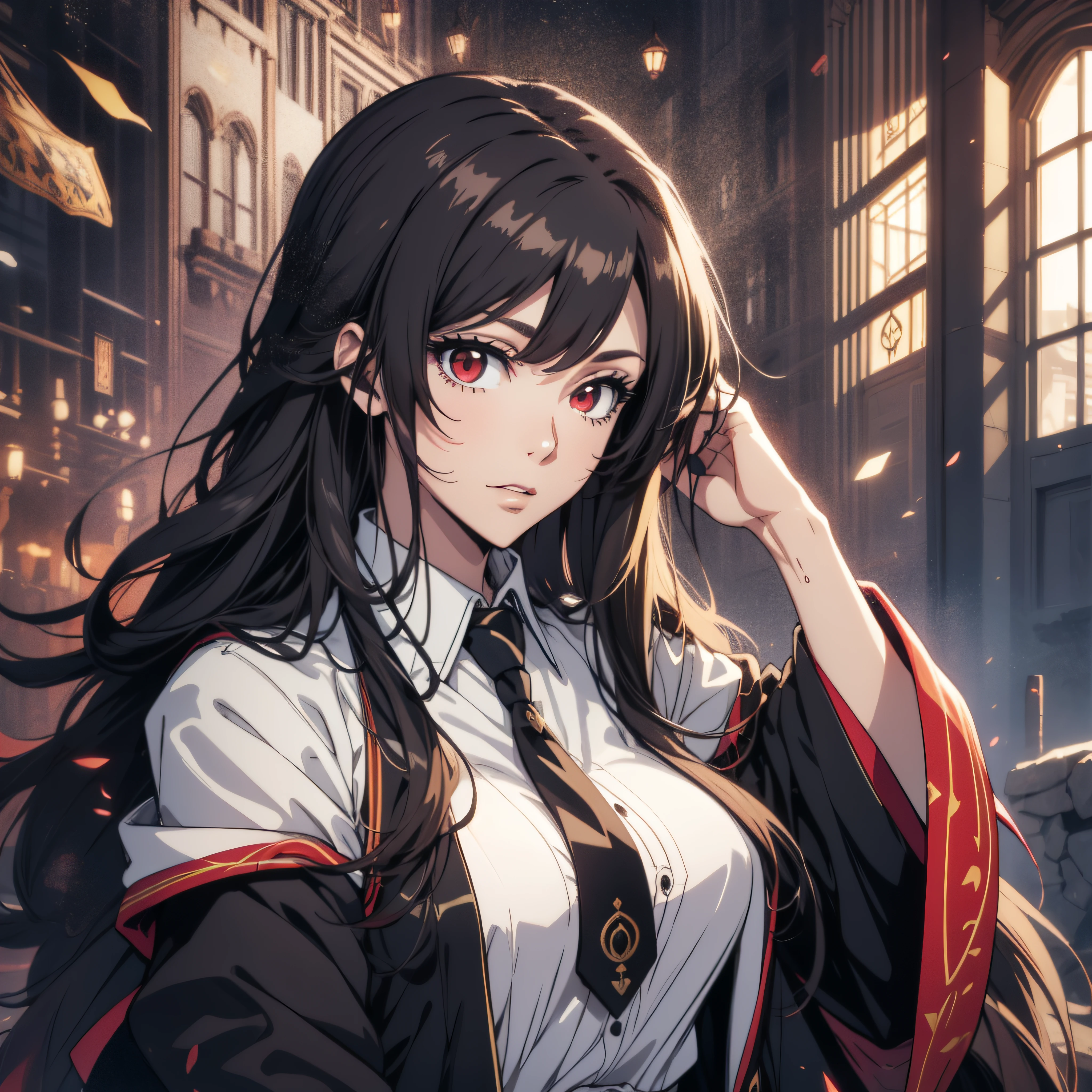 (ultra-detailed, perfect pixel, highrest, best quality), 20 years old Anime girl, smooth anime artstyle, long raven hair, slightly wavy hair, parted bangs, black hair, gradient hair color, Magus, ((red eyes)), detailed eyes, beautiful eyes, long black coat, white shirt, necktie, black skirt, aristocrat, noble attire, beautiful, ethereal, elegant, prestigious, royal building, royal atmosphere, classic, particle effect, looking at viewer