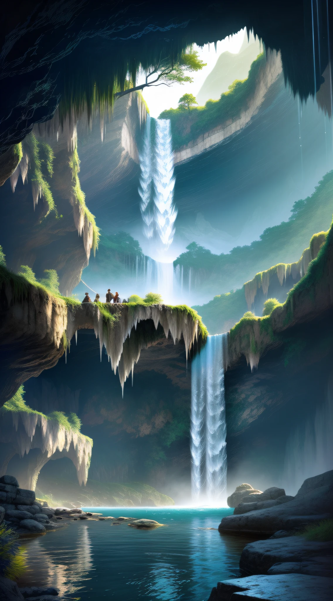 dream concept art of a dreamy waterfall waterfall cave with a river running through it, highly detailed, digital art, illustration, artstation, very detailed, 4 k