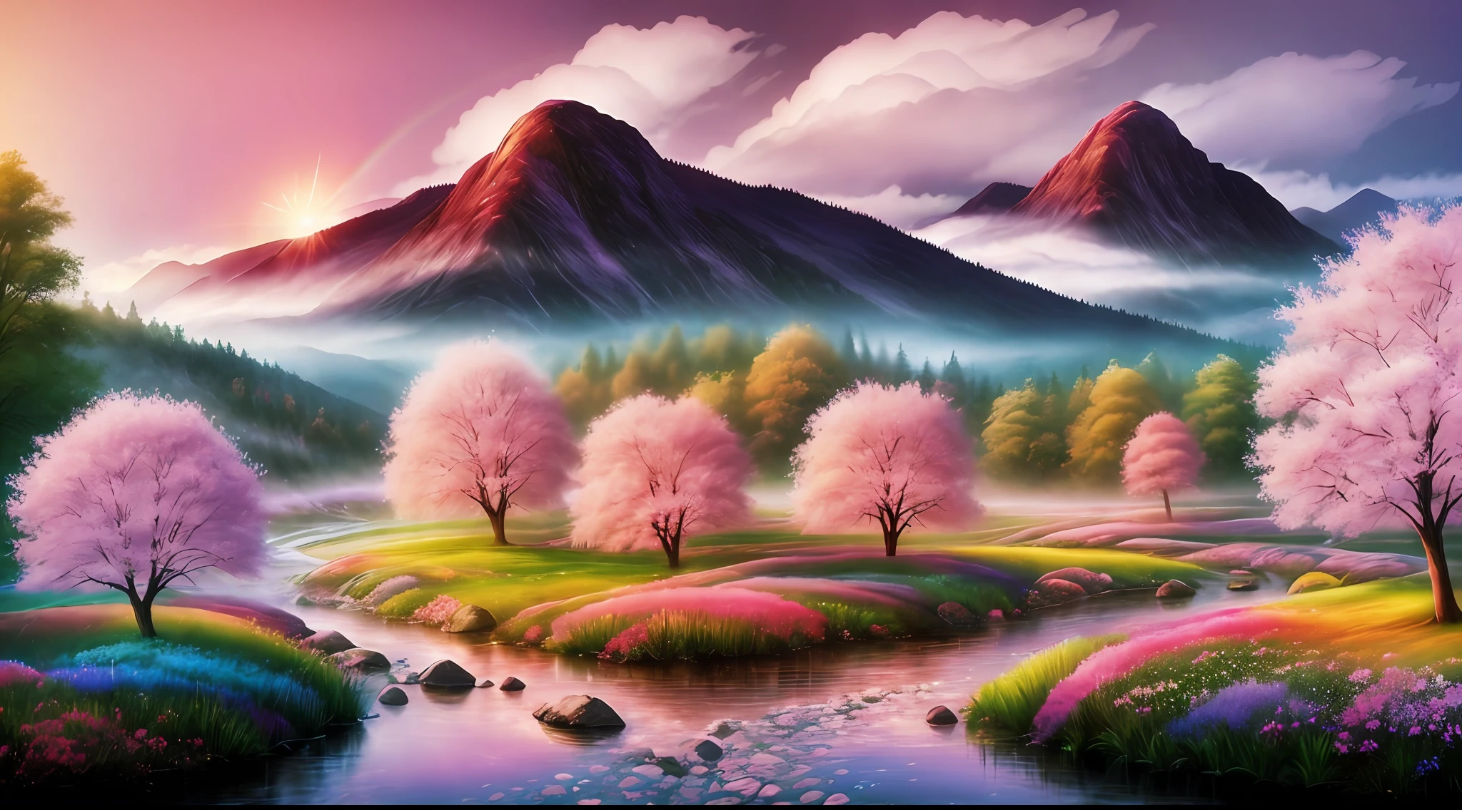 Gorgeous surrealistic landscape with a dreamy atmosphere, featuring a majestic tree in the center, surrounded by a beautiful river, misty mountains, and vibrant flowers. The scene is illuminated by a warm and soft light that wraps the trees and flowers in a delicate glow. Add in a rainbow-colored sky with fluffy clouds and a hint of fantasy elements.