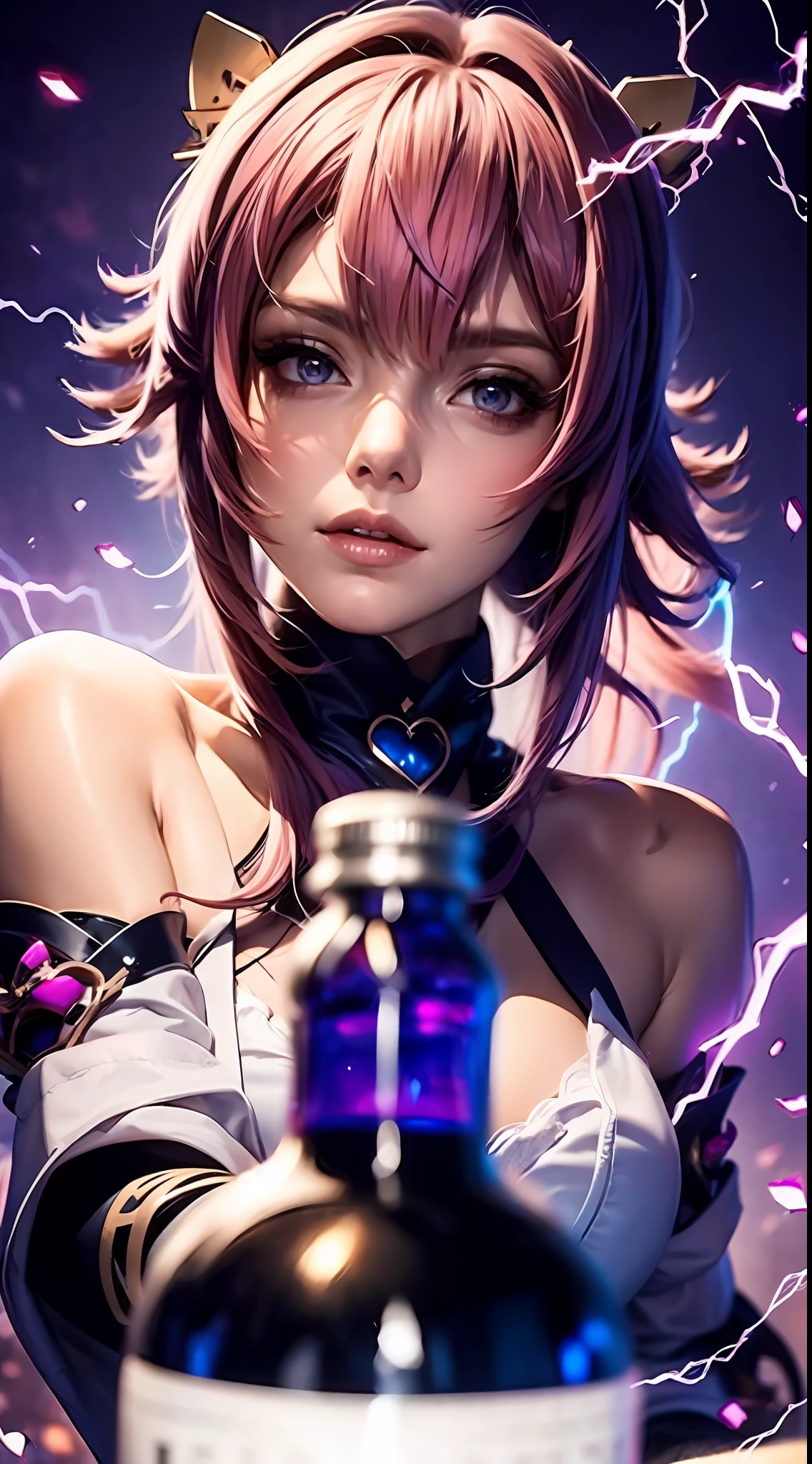 A girl with pink hair is trapped in a bottle，Detailed depiction of the face，Purple lightning is all around