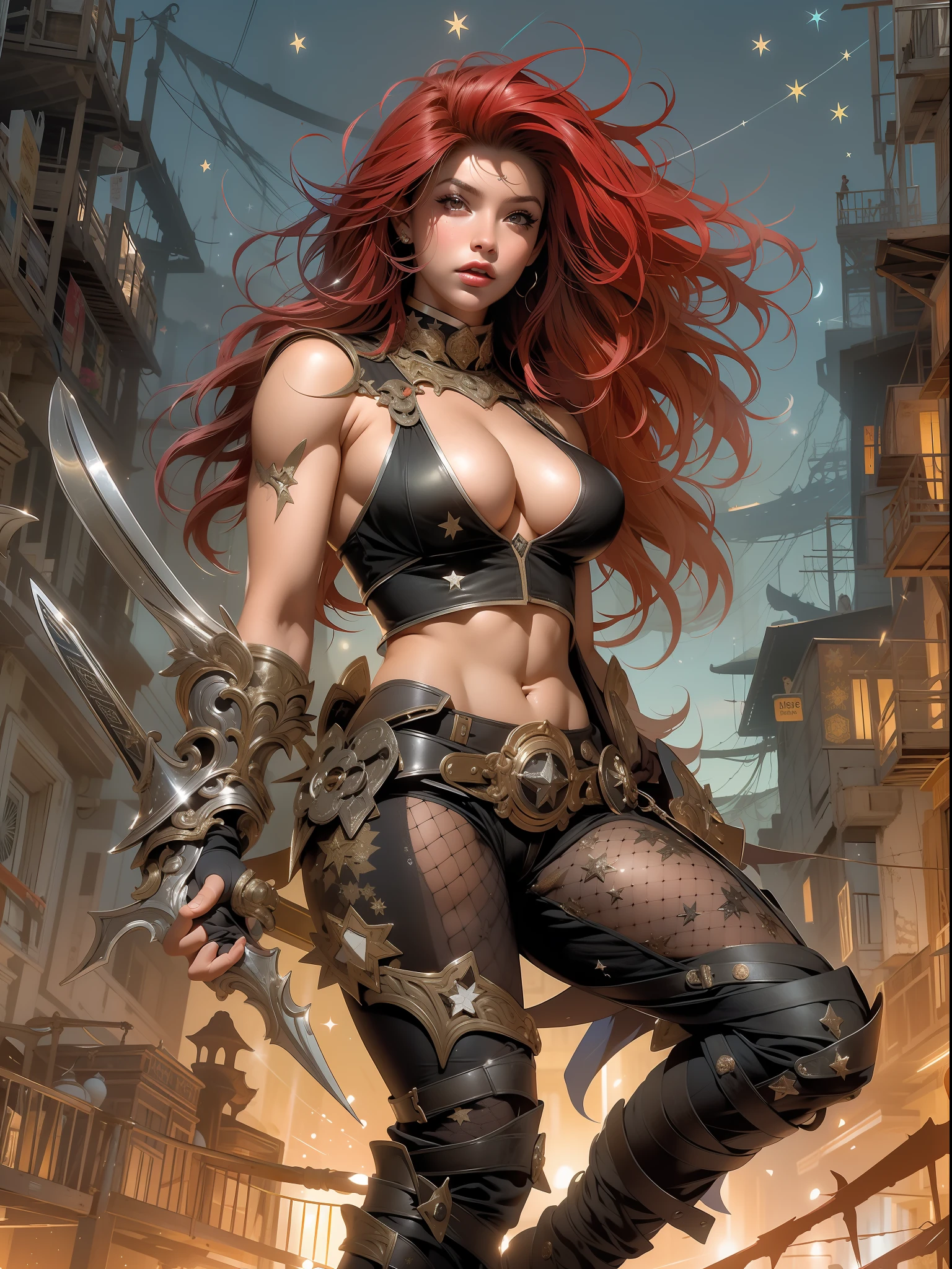 (((mulher))), (((melhor qualidade))), (((obra prima))), (((adulta))), Uma guerreira mulher de 35 anos com corpo perfeito, She-Lobo, (( under boobs )), quase nua no estilo selvagem urbano de Simon Bisley para a capa da revista Heavy Metal, cabelo loiro, Minimum clothing, armadura (vermelho escuro com estrelas brancas), cheio de pontas e rebites manchadas de tinta, tatuagem de estrelas de 5 pontas, (((corpo inteiro))), cabelo curto, nijistyle