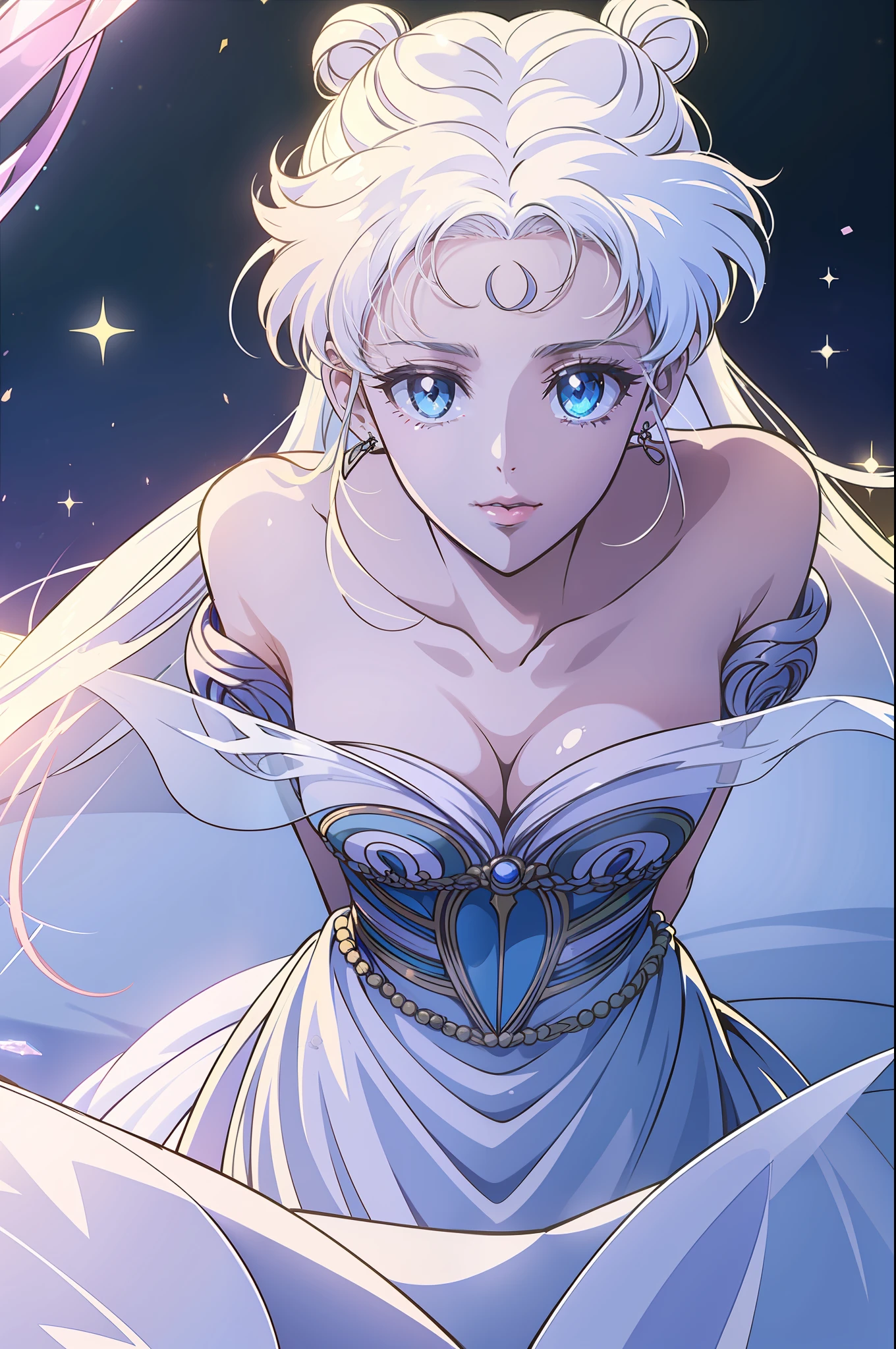 NSFW, ((beste-Qualit, 8K, tmasterpiece :1.3)), dramatic  lighting, pretty woman, 1 girl, Sailor Moon, Detailed large eyes, tmasterpiece, breath taking, Viewer, Full growth in the frame, Long white hair, Two bundles on the head, pale skin, Odango hairstyle, Careful, ah high, Real water, White transparent wet long dress, crystal clear water, The water is flowing, beautiful breasts, Sexual, sexy expression, glossy skin, In the background is a crystal palace, Palace of crystals, Crystals and crystal in the air and around the character, Beautiful flowers, Crystals glow