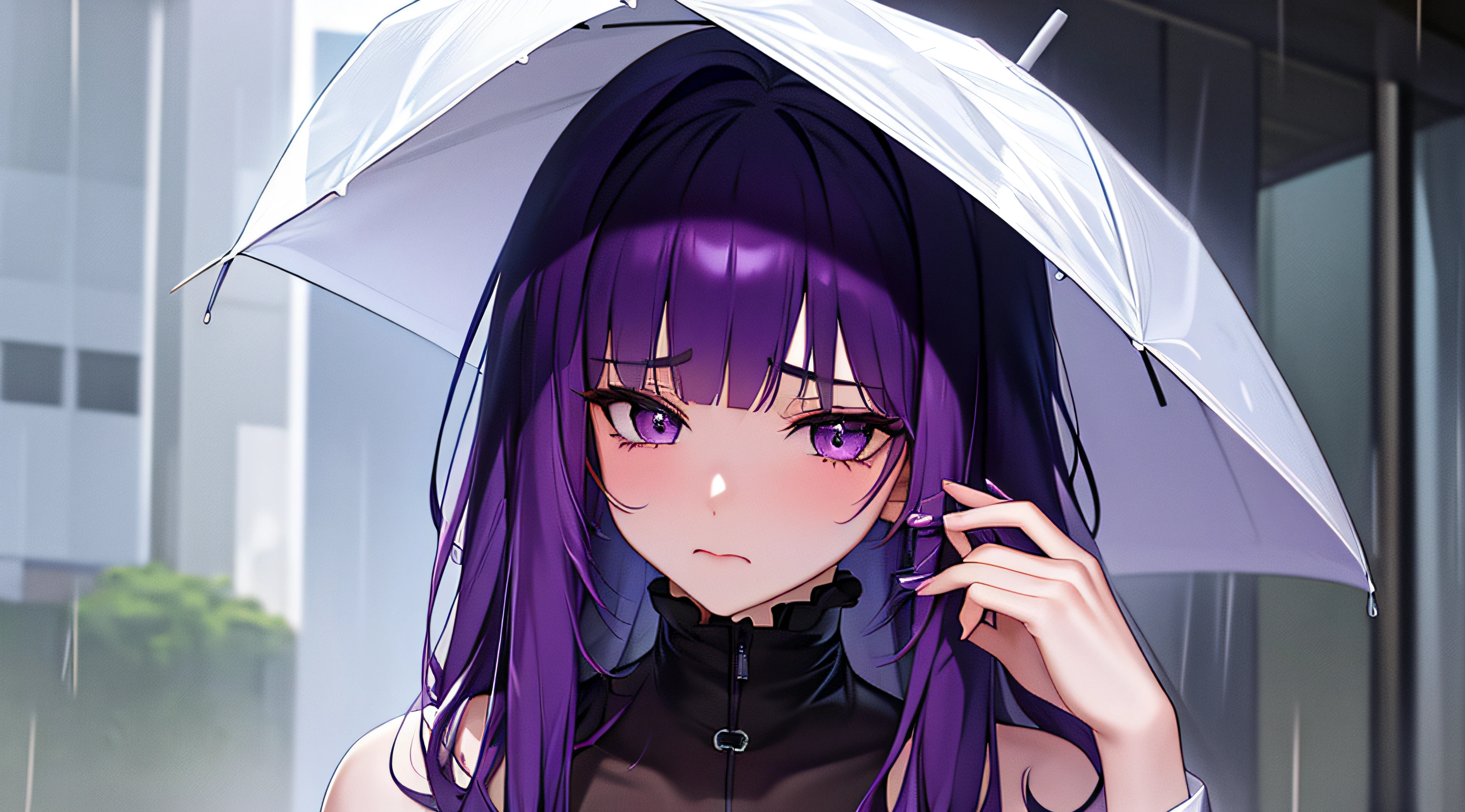 sad girl with purple hair in raining day