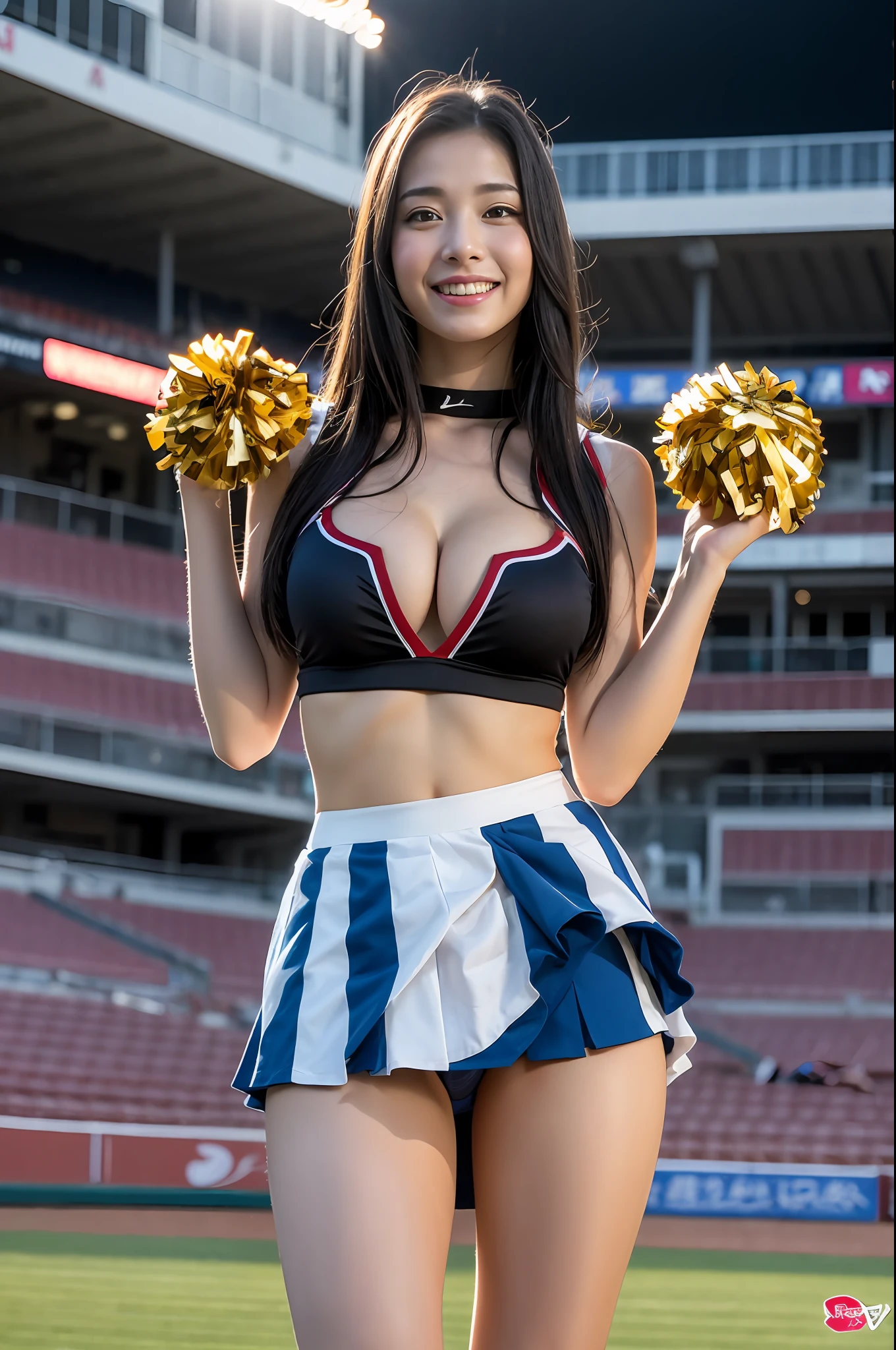 (((Sleeveless cheerleader Costume))),(((holding a pom-poms))),(((Skirt lift:1.5))),(((cleavage cutout))),(((Hands covering face pose))),(((bare inner thigh))),(((bare sport panty))),ulzzang-6500-v1.1, (Raw photo:1.2), (Photo realistic:1.4), a beautiful detailed girl, extremely detailed eye and face, beautiful detailed eyes, ultra-detailed, High resolution, top-quality, masterpiece, highly detailed, 8k wallpaper, Wonderful, finely detail, top-quality, Light on the face,电影灯光,1girl in,(Taoyuan International Baseball Stadium in Taiwan),Beautiful eyes,smile,Opening Mouth