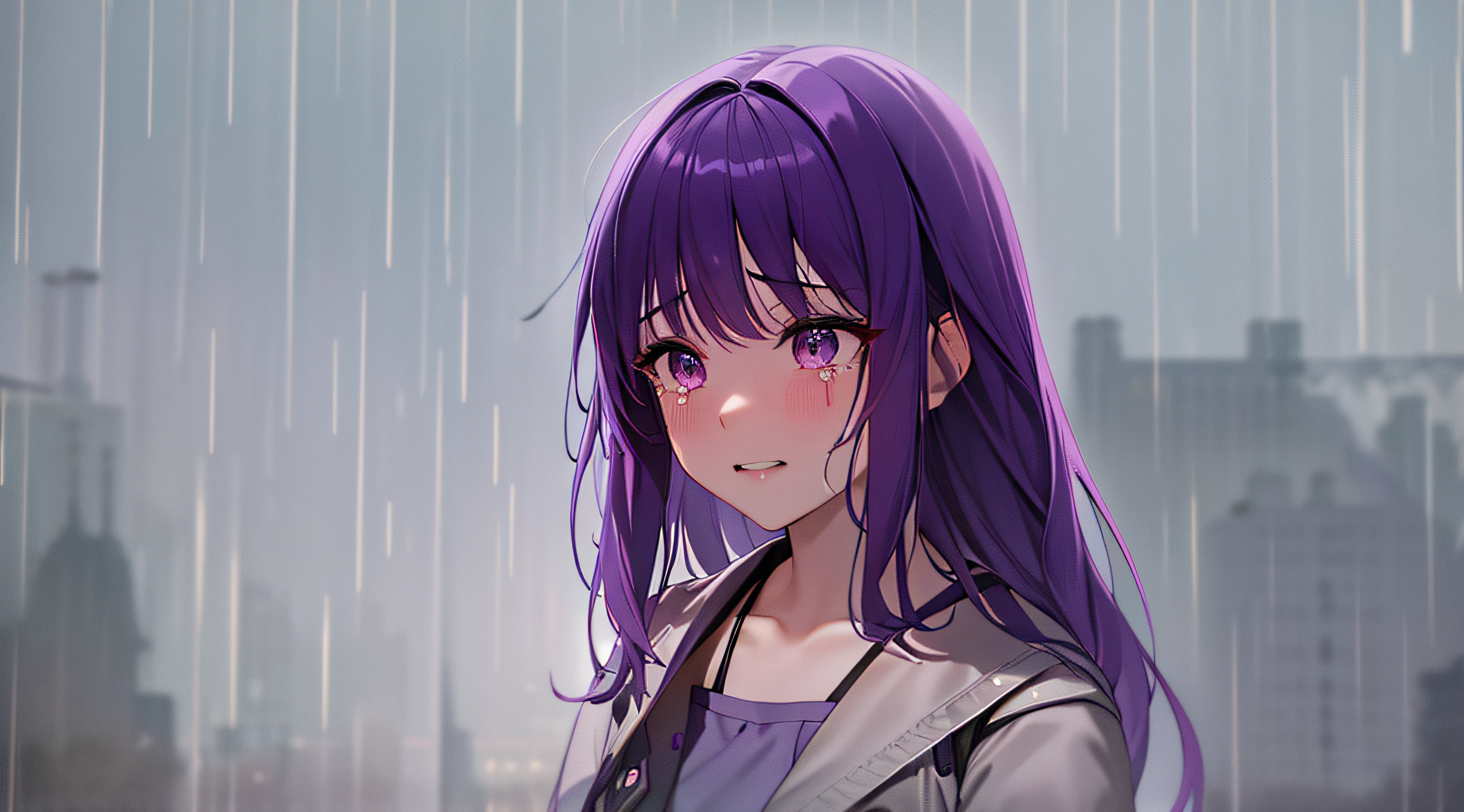 crying girl with purple hair in raining day