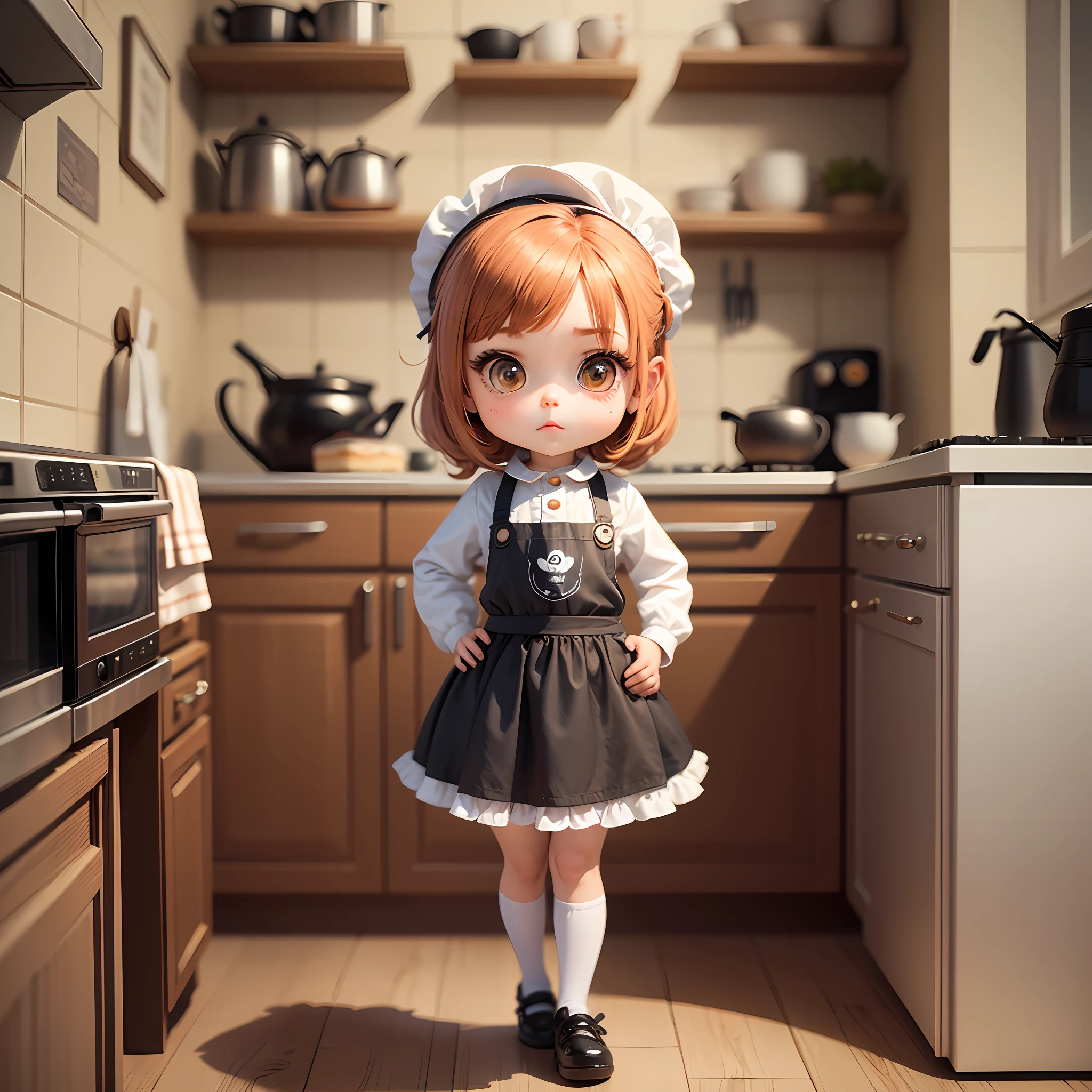 uma personagem girl character pixar chibi girl bonita, realistic utra detailed hd scenery in a kitchen with coffee and cake. Outfit --auto --s2
