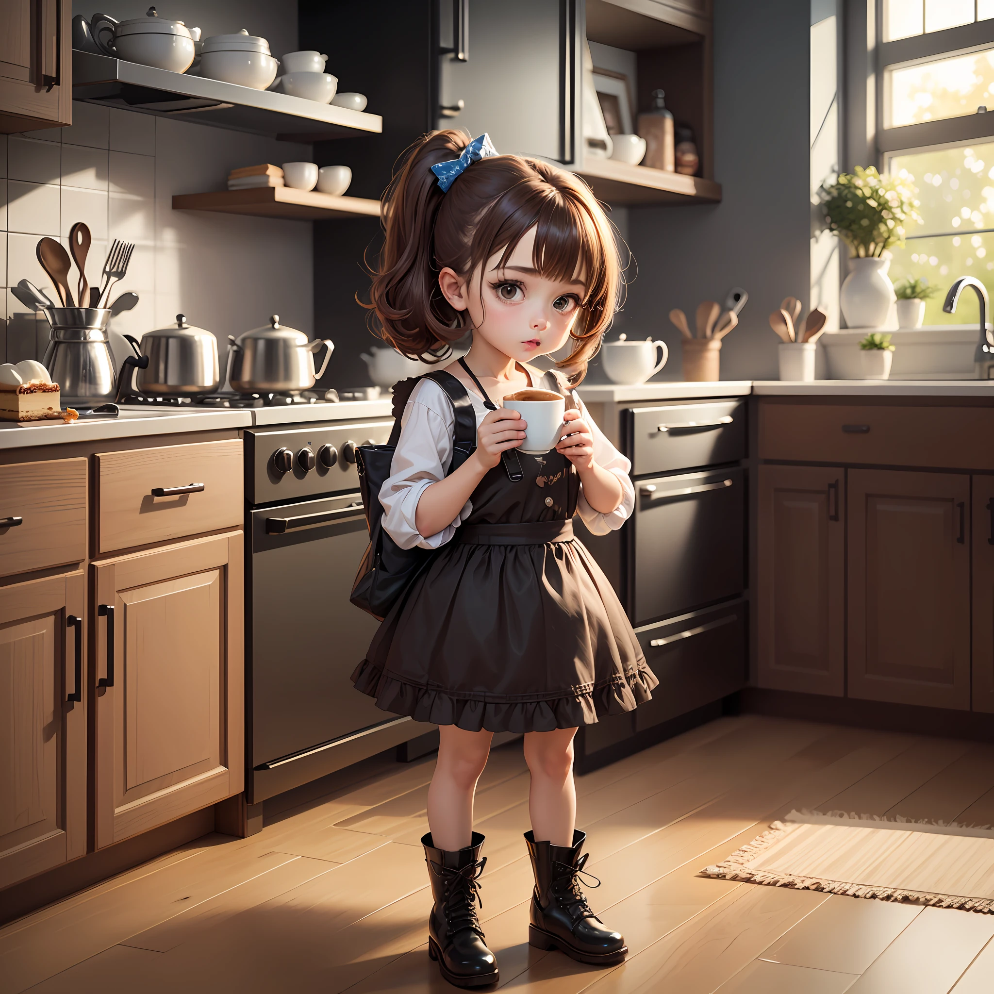 uma personagem girl character pixar chibi girl bonita, realistic utra detailed hd scenery in a kitchen with coffee and cake. Outfit --auto --s2