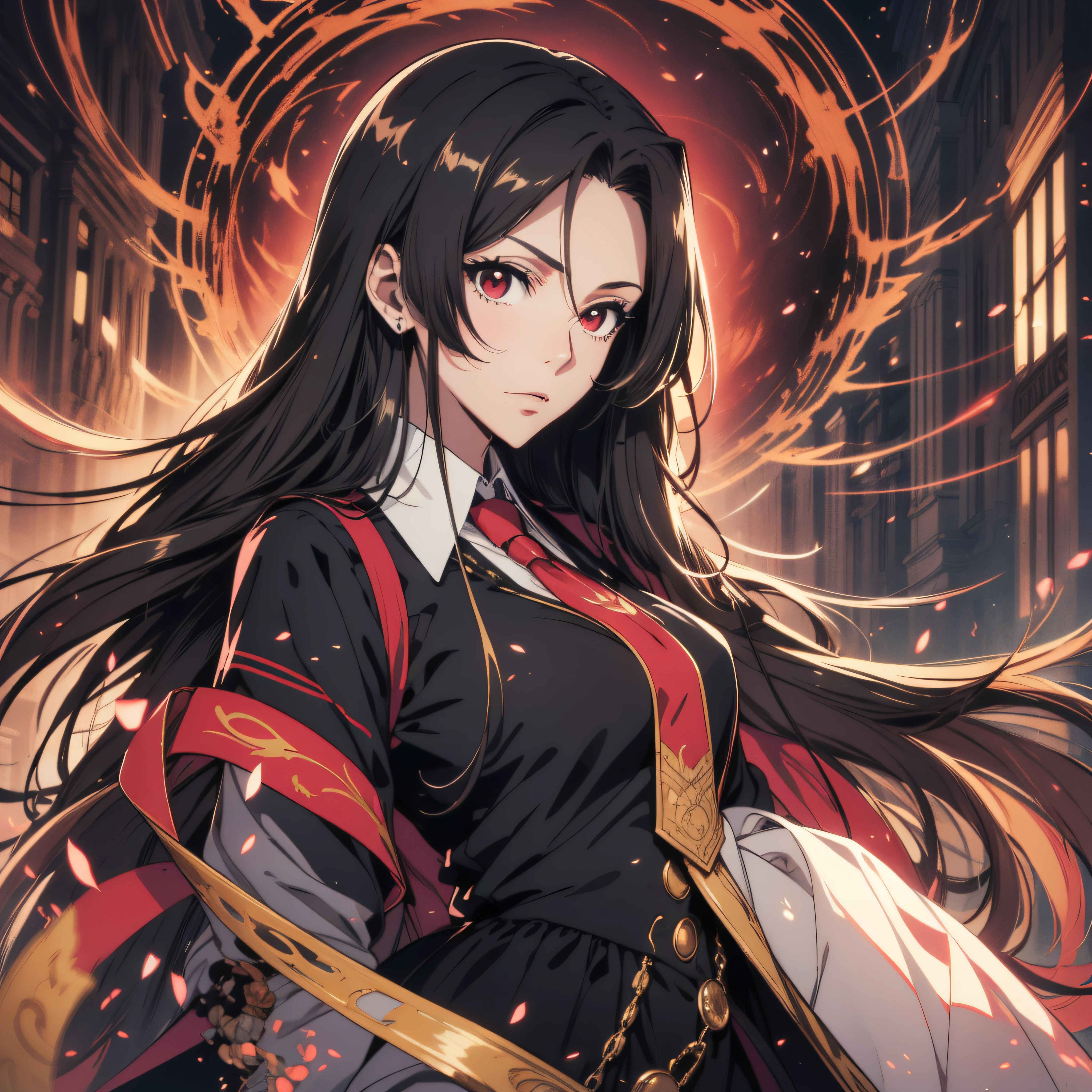 (ultra-detailed, perfect pixel, highrest, best quality), 20 years old Anime girl, smooth anime artstyle, long raven hair, slightly wavy hair, parted bangs, black hair, gradient hair color, Magus, ((red eyes)), detailed eyes, beautiful eyes, long black coat, white shirt, necktie, black skirt, aristocrat, noble attire, beautiful, ethereal, elegant, prestigious, royal building, royal atmosphere, classic, particle effect, looking at viewer