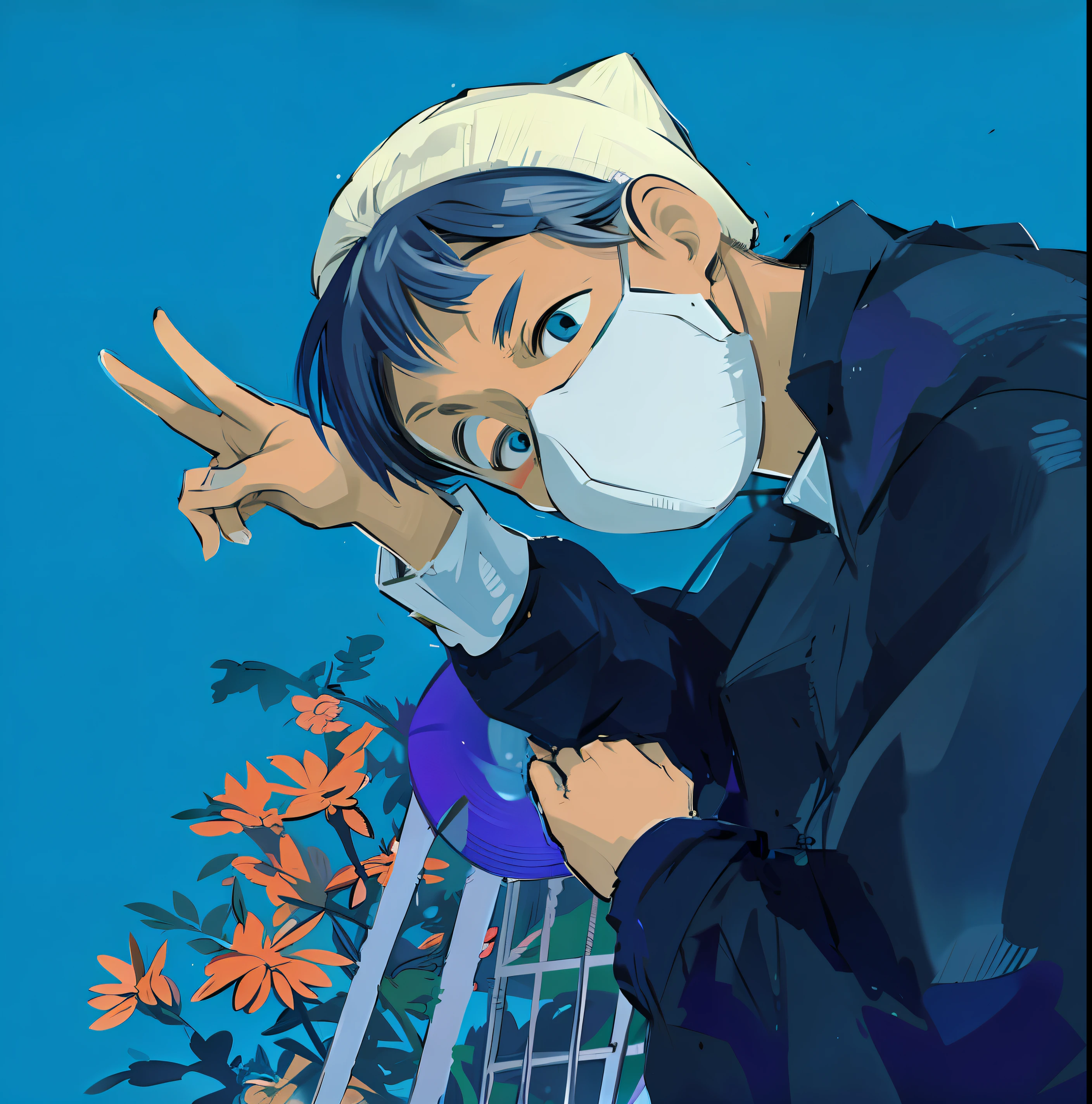 Anime boy wearing mask and hat, Praise Artstyle, Guviz-style artwork, High-quality fanart, anime vibes, animeaesthetic, 9 0 s anime aesthetic, In anime style, anime style only, official fanart, lofi hip hop, in an anime style, 9 0 s anime art style, shinji, personal profile picture