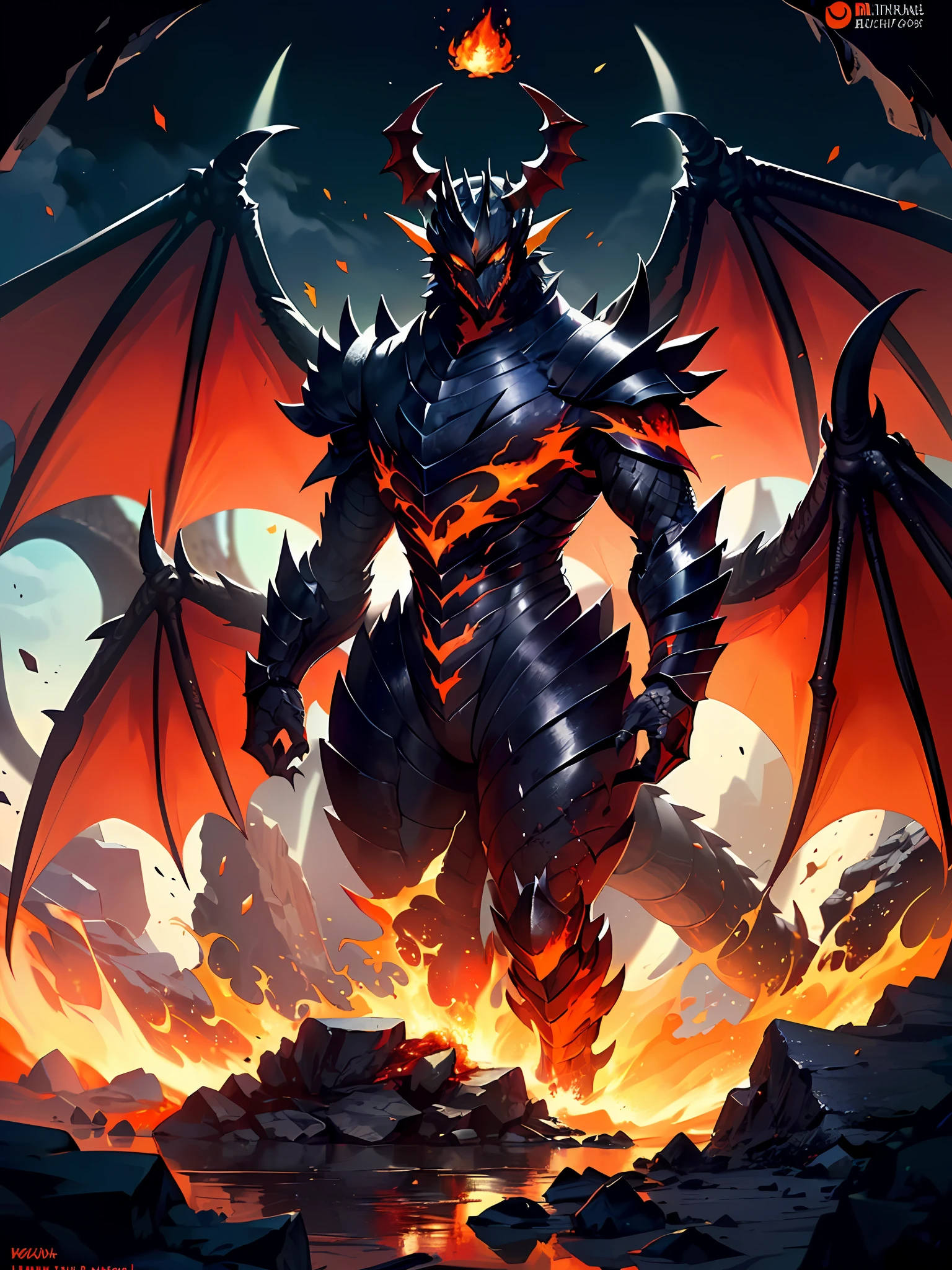 (Golden ratio:1.2),[(Black background:1.4)::10],hyper HD, retinas, Anatomically correct, Textured skin, Super detail, Best quality, A high resolution,(A huge black dragon:1.3),Latalos,(Dragon horns(The left dragon horn is only cut in half):1.3),(Scar dragon(The wound is deep,Inside there is an outflow of orange-red magma):1.2)),(Magma is the bloodline of the black dragon:1.4),(The scar of the black dragon's wound is obsidian，Reflect colored sunlight:1.3),Perched in volcanic craters,(/Reminiscent《monster hunter》Fire Dragon in :1.3)/,(This is a terrifying legendary magic dragon,(The pitch-black rock is its armor(Magical armor):1.5)+(Its huge horns are reminiscent of a crown:1.3)+(Huge pitch-black dragon wings cover the sky:1.3)),