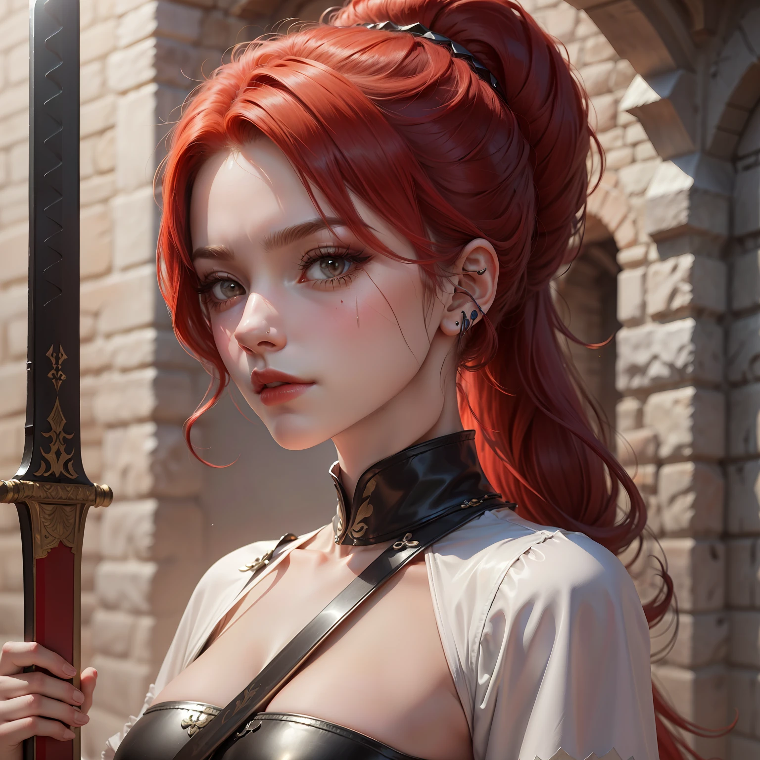 red haired pretty woman, holding medieval sword, short ponytail, two heavy scars across right eye, white eyes, smug, cocky, black and red leather top, portrait, medieval times, drop shadow, wide shot, high detail, anatomically correct, masterpiece, highres, high quality, high details, 8k, retina