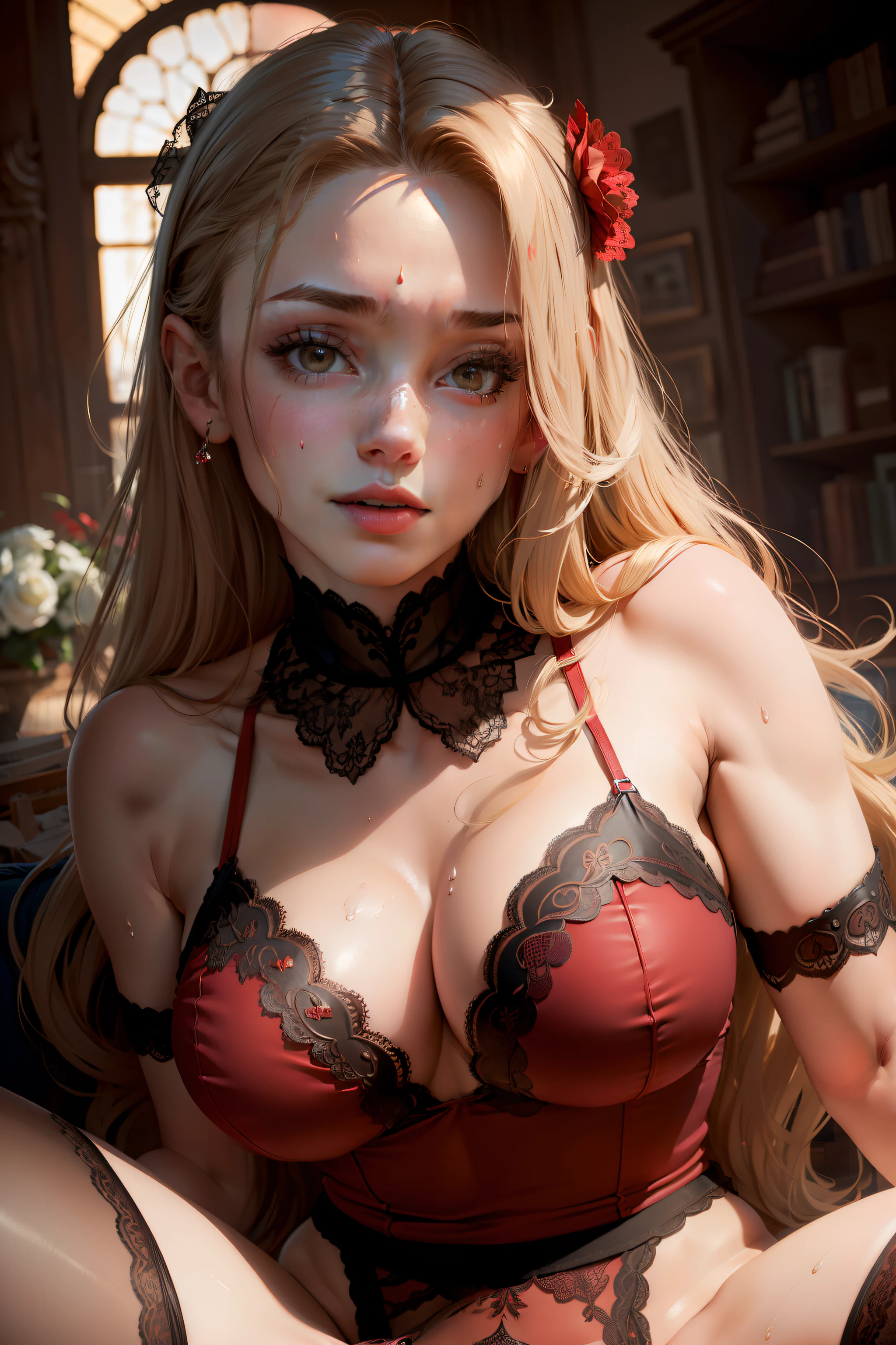 masterpiece, best quality, (realistic), absurd, (detailed background), 1 girl, 1 boy, (hetero couple: 1.1), erection, (), lying down, spread legs,, (sweat: 1.4),, red dense lace underwear, red lingerie, red garter belt, (detailed lace: 1.3), (lips: 1.0), victory, school uniform, sheer underwear,