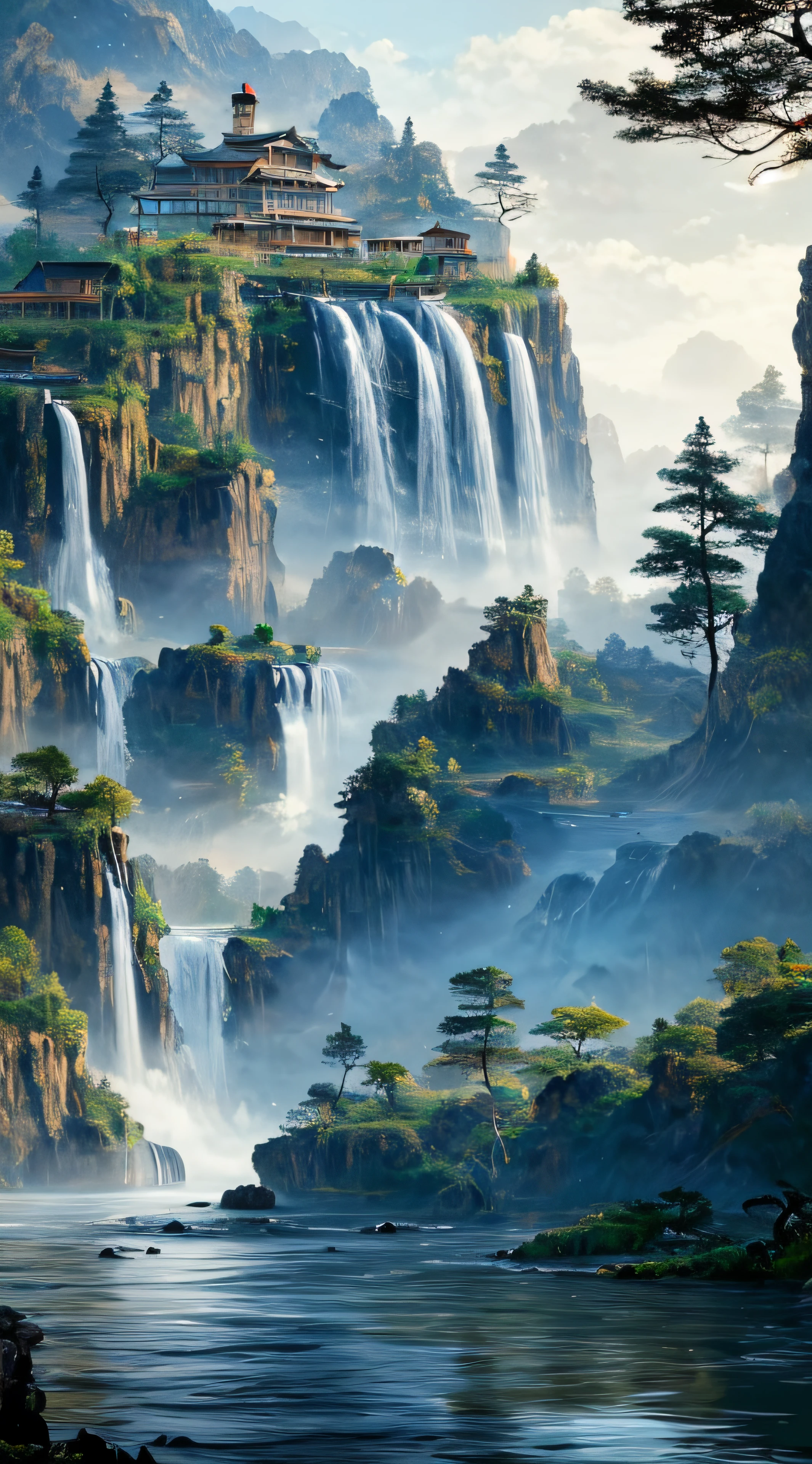 painting of a waterfall in a mountainous area with a house on the top, vertical wallpaper, 4 k vertical wallpaper, 4k vertical wallpaper, 8k vertical wallpaper, 8 k vertical wallpaper, ross tran. scenic background, beautiful mattepainting, 4 k matte painting, detailed scenery —width 672, beautiful iphone wallpaper, avatar landscape, inspired by Raphael Lacoste