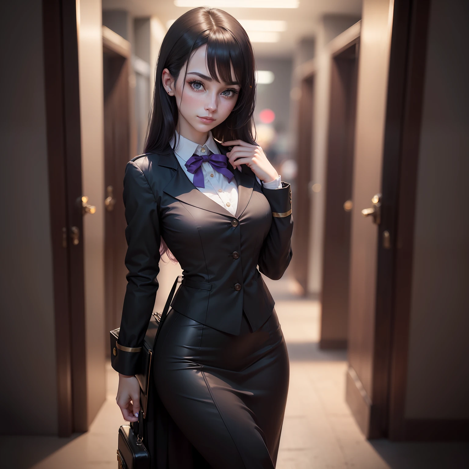 Araffe dressed in a black leather dress and a purple bow tie - SeaArt AI