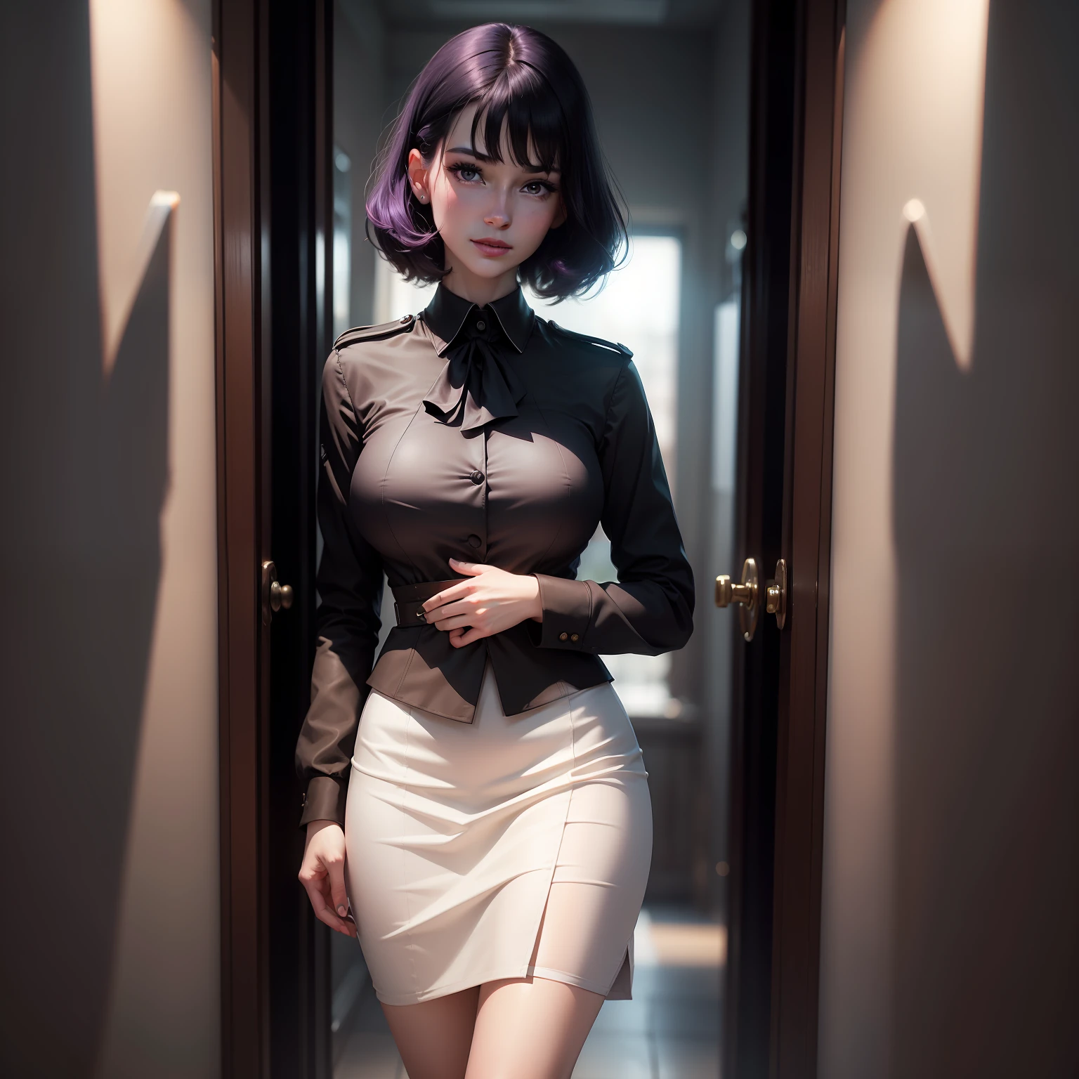 1girl, beautiful vintage color, instagram (photorealistic, high resolution: 1.4), ((puffy eyes)), looking at the viewer, , full body (8k, RAW photo, best quality, masterpiece: 1.2), (realistic, photorealistic: 1.37), (sharp focus: 1.2), professional lighting, photon mapping, radiosity, physical representation, (pale skin: 1.2), (small breasts: 1.2), looking at the viewer, (medium hair: 1.5), portrait, purple eyes, (chipped hair: 1.1), bangs, (simple background: 1.4), solo, upper body, realistic, (masterpiece: 1.4), (best quality: 1.4), (shiny skin), fashi-girl, makeup, smile (skinny, closed mouth, shy: 1.3), (standing, black stewardess uniform, necromancer: 1.1), medium bust, sexy pose,
