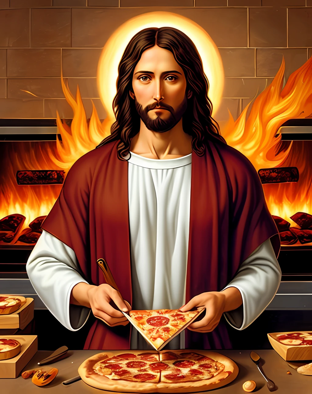 (Jesus cooks pizza :1.1), biblical Art, hyper detailed, oil painting, saint, holy