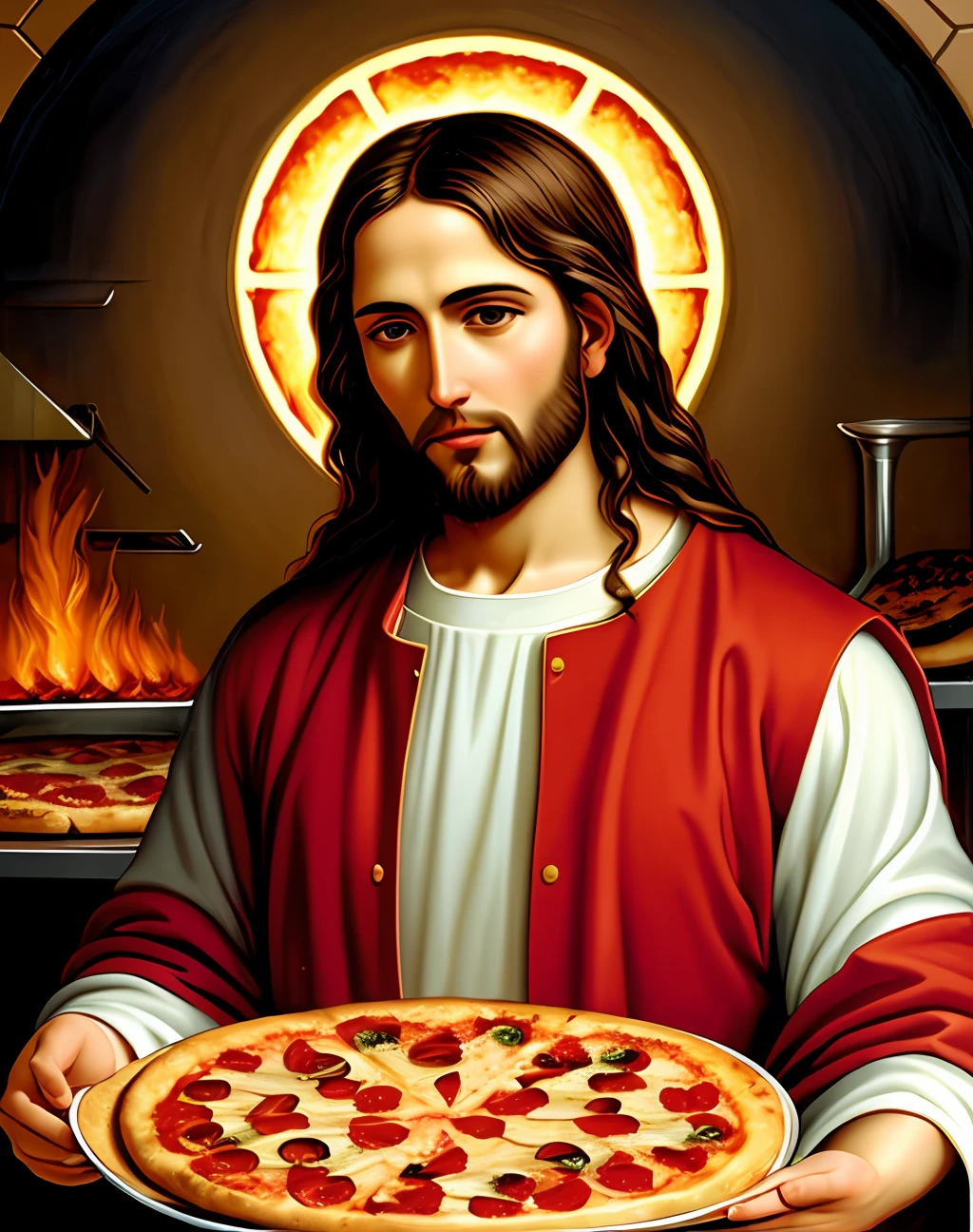 (Jesus cooks pizza :1.1), biblical Art, hyper detailed, oil painting, saint, holy
