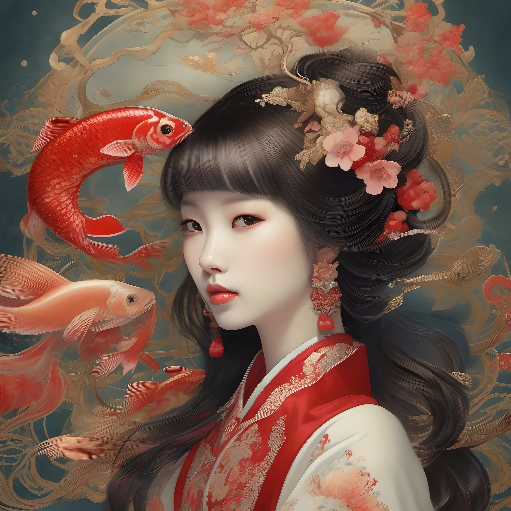 Ultra Highly Detailed Chinese Ink Painting, Wet watercolor, Painting with gold lines,
Chinese calligraphy, surreal, mannerism, Portrait of an Asian girl very close-up,
long wavy red hair, Asian appearance, red hanfu, Koi fish, Swirling waves,
Extremely filigree, Hallucinations, otherworldly, face only, Ray Caesar, craola, Andy Kehoe, James Jean, Jugendstil, Extremely filigree, Filigree details, ultra-high detail, Swirling colors