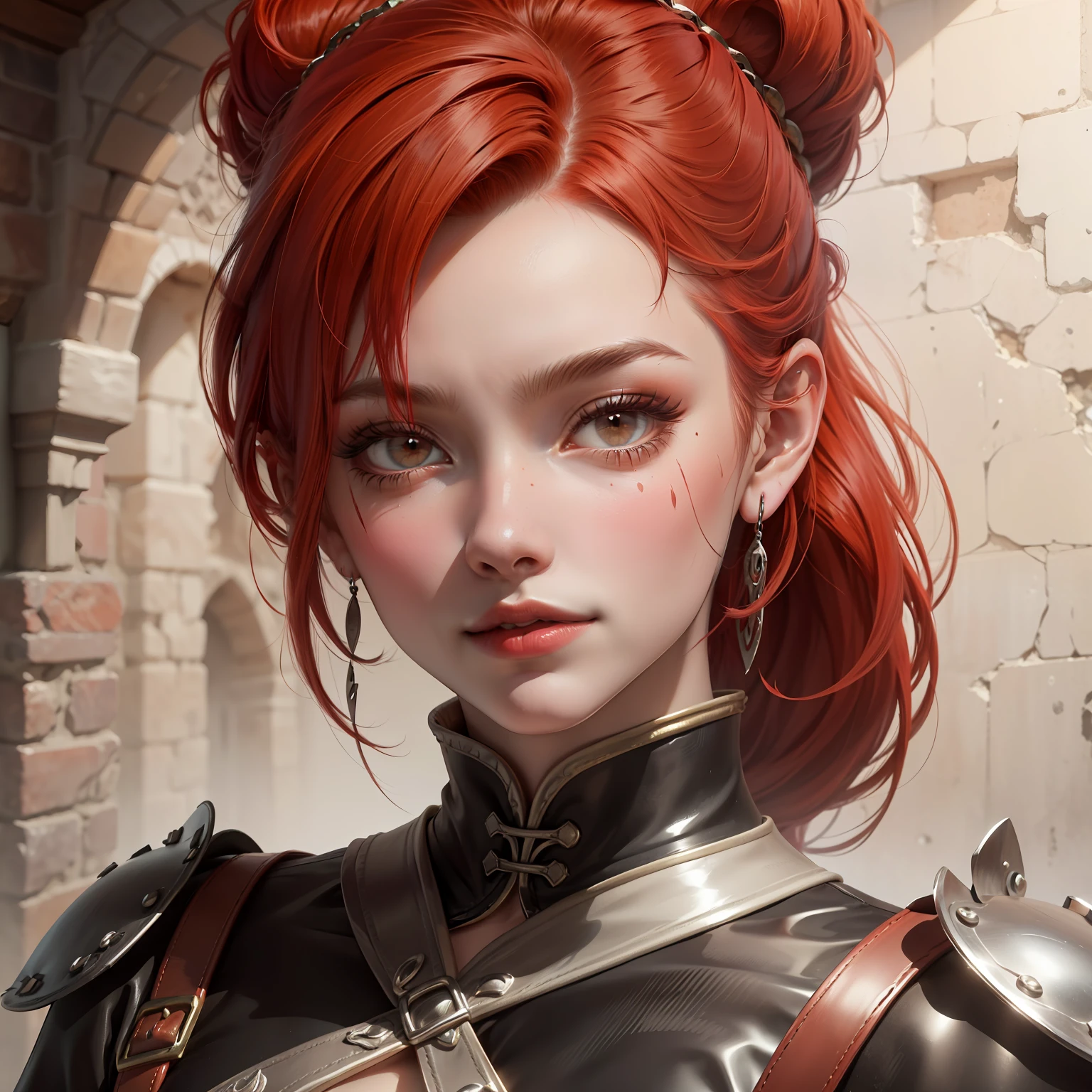 red haired pretty woman, short and low ponytail, two heavy scars across right eye, white eyes, smug, cocky, black and red leather top, portrait, medieval times, drop shadow, wide shot, high detail, anatomically correct, masterpiece, highres, high quality, high details, 8k, retina
