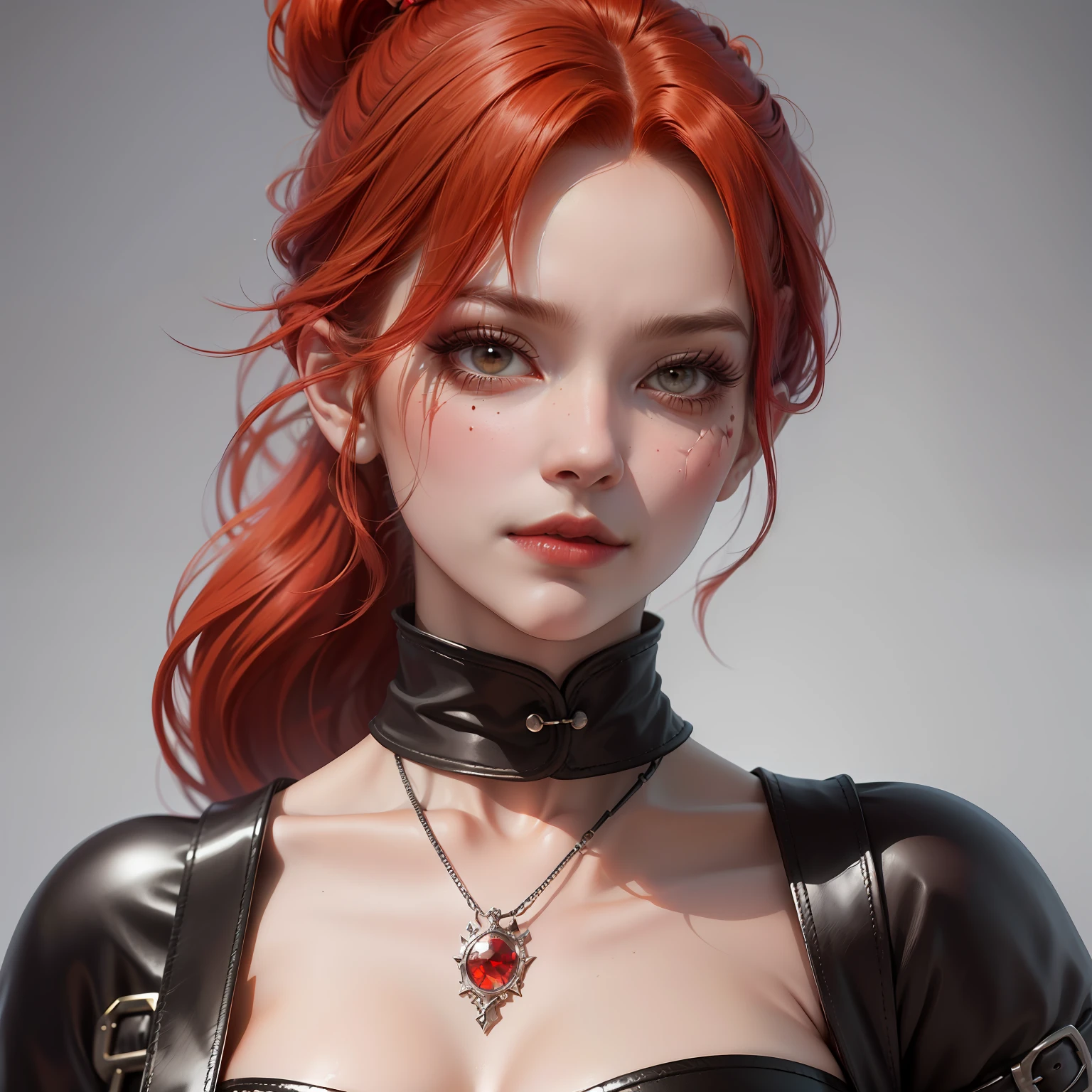 red haired pretty woman, short and low ponytail, two heavy scars across right eye, white eyes, smug, cocky, black and red leather top, portrait, medieval times, drop shadow, wide shot, high detail, anatomically correct, masterpiece, highres, high quality, high details, 8k, retina